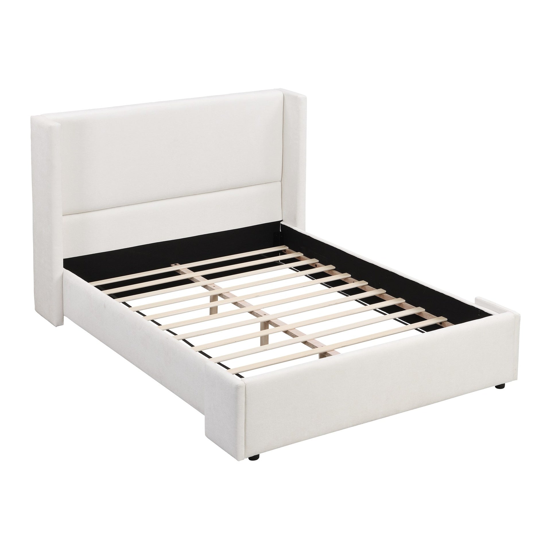 Elegant White Fabric Upholstered Bed with Tall Headboard, White, Queen