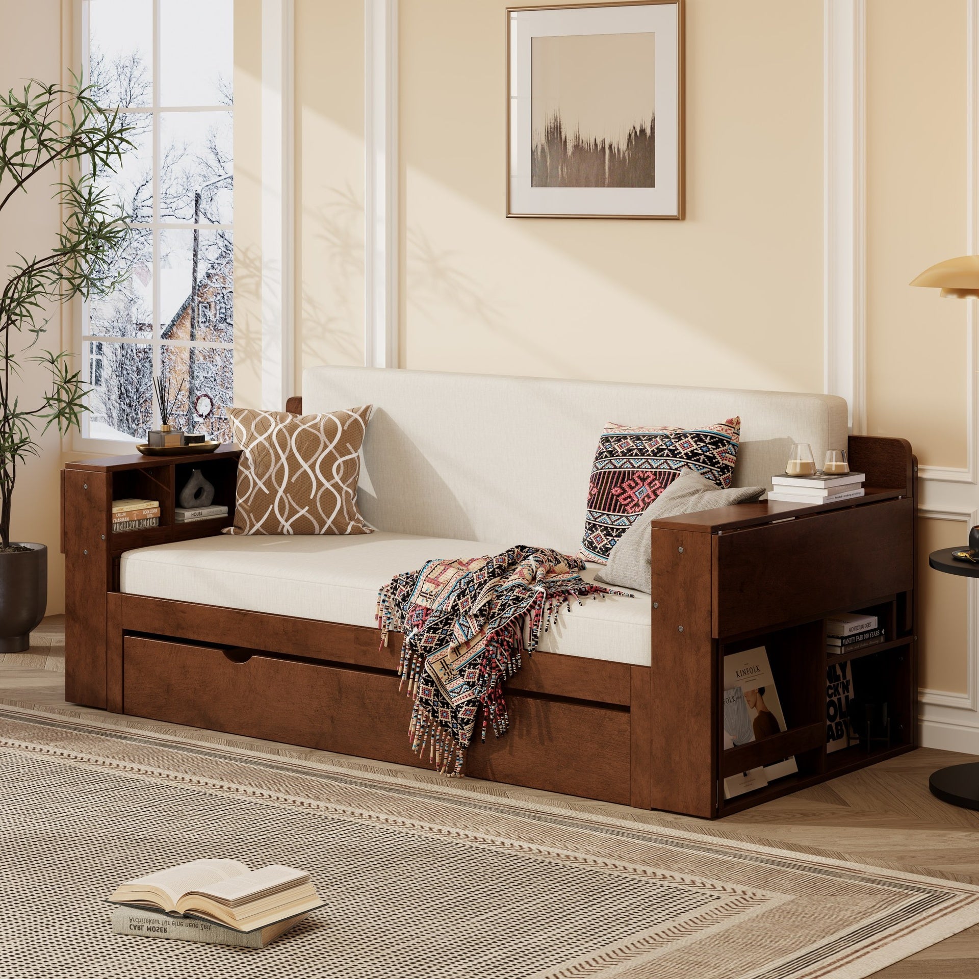 Queen Size Daybed with Removable Desk, Storage Drawers & Hydraulic Side Table, Espresso