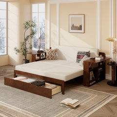 Queen Size Daybed with Removable Desk, Storage Drawers & Hydraulic Side Table, Espresso