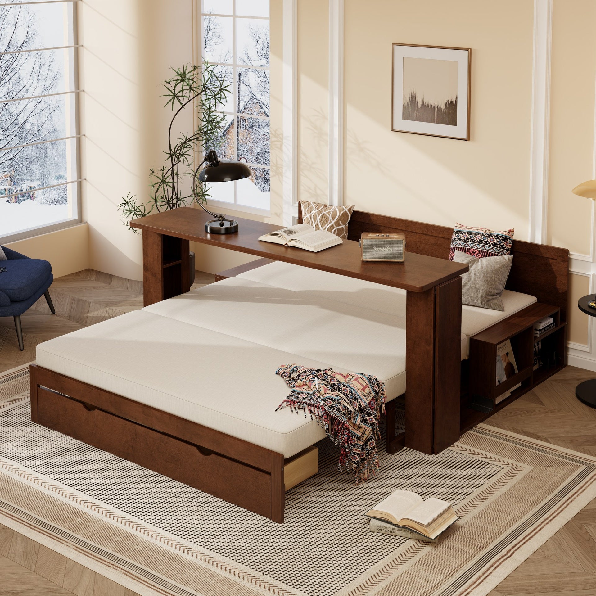 Queen Size Daybed with Removable Desk, Storage Drawers & Hydraulic Side Table, Espresso