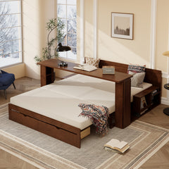 Queen Size Daybed with Removable Desk, Storage Drawers & Hydraulic Side Table, Espresso