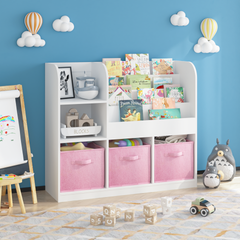 Kids Bookcase and Bookshelf, Multifunctional Bookcase with 3 Collapsible Fabric Drawers, Bookcase Display Stand, Toy Storage Organizer for Bedroom, Playroom, Hallway (White/Pink)