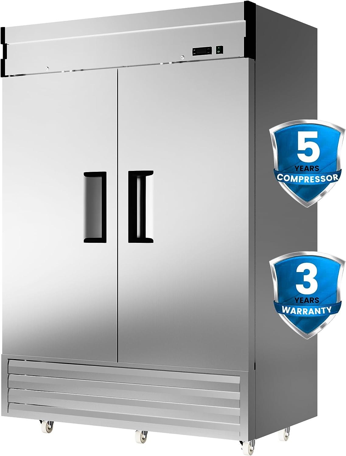 54"W 2 Door Commercial Freezer 49 Cu.Ft Dynamic Cooling OmniSmart Temperature Control -10℉~10℉ Self Closing Stainless Steel Reach-In Commercial Freezer Digital Thermostat LED Light 6 Shelves
