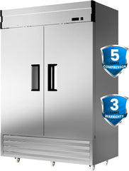 54"W 2 Door Commercial Freezer 49 Cu.Ft Dynamic Cooling OmniSmart Temperature Control -10℉~10℉ Self Closing Stainless Steel Reach-In Commercial Freezer Digital Thermostat LED Light 6 Shelves
