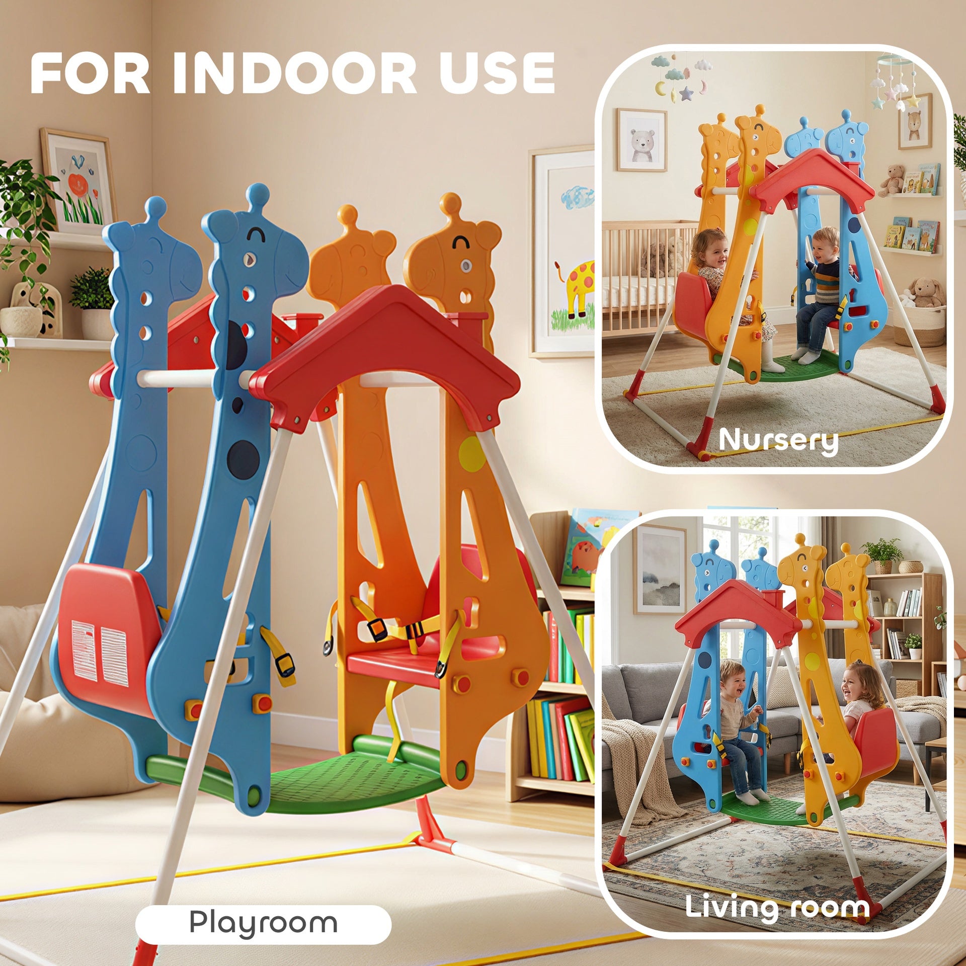 Qaba Kids Indoor Swing with Double Seats, Toddler Swing Set with Safety Belts for Aged 3-5, Play Room, Living Room