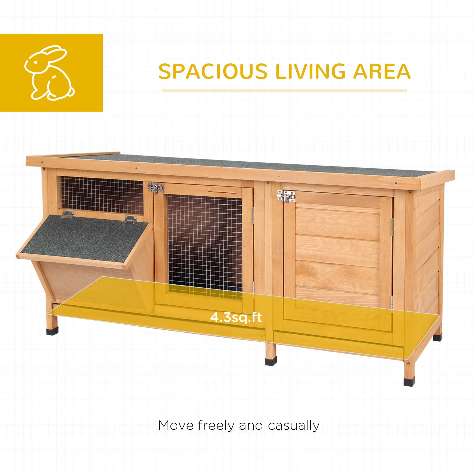 PawHut Large Bunny Hutch, Rabbit Cage with 2 Outside Areas and 1 Main House for Small Animals, Yellow