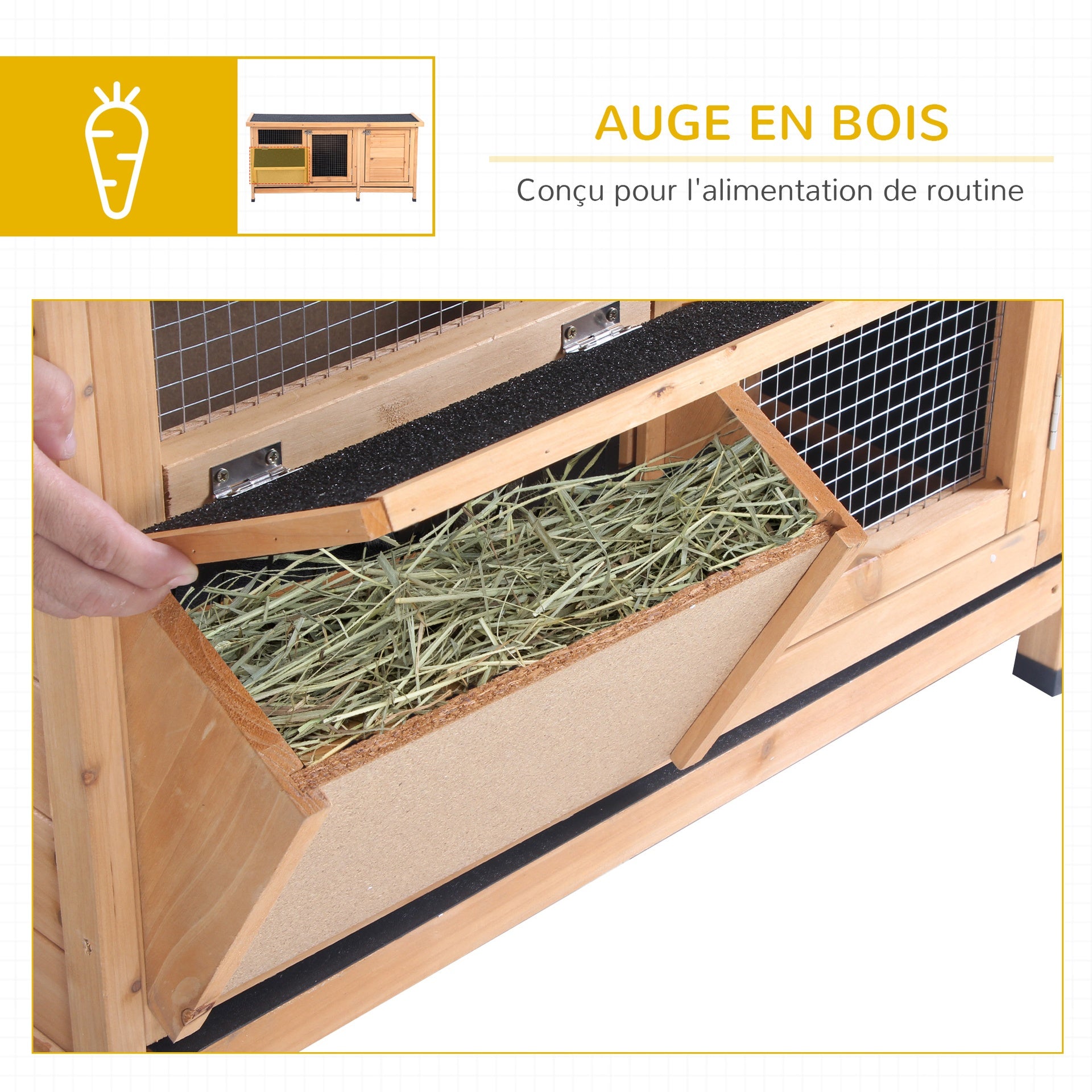 PawHut Large Bunny Hutch, Rabbit Cage with 2 Outside Areas and 1 Main House for Small Animals, Yellow