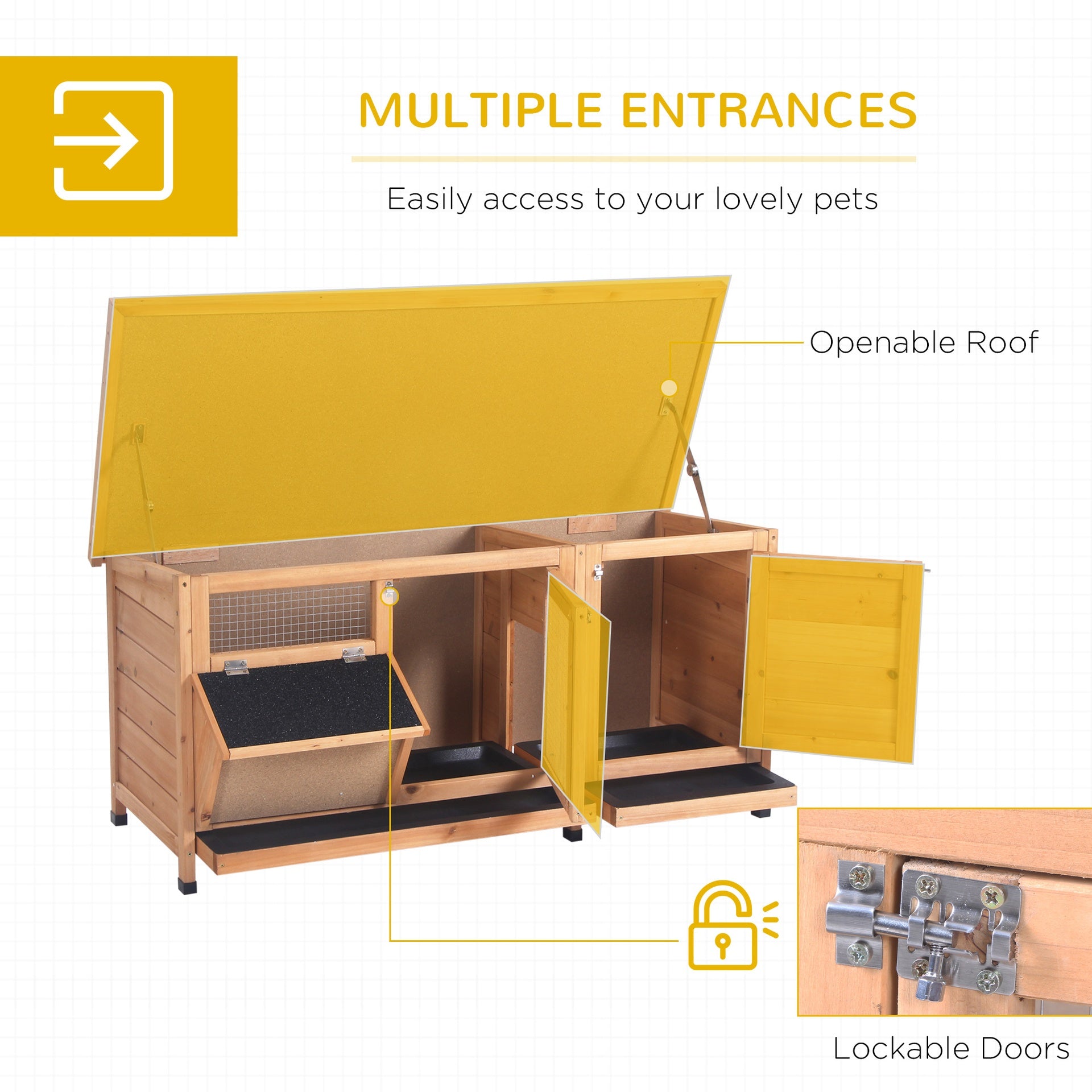 PawHut Large Bunny Hutch, Rabbit Cage with 2 Outside Areas and 1 Main House for Small Animals, Yellow