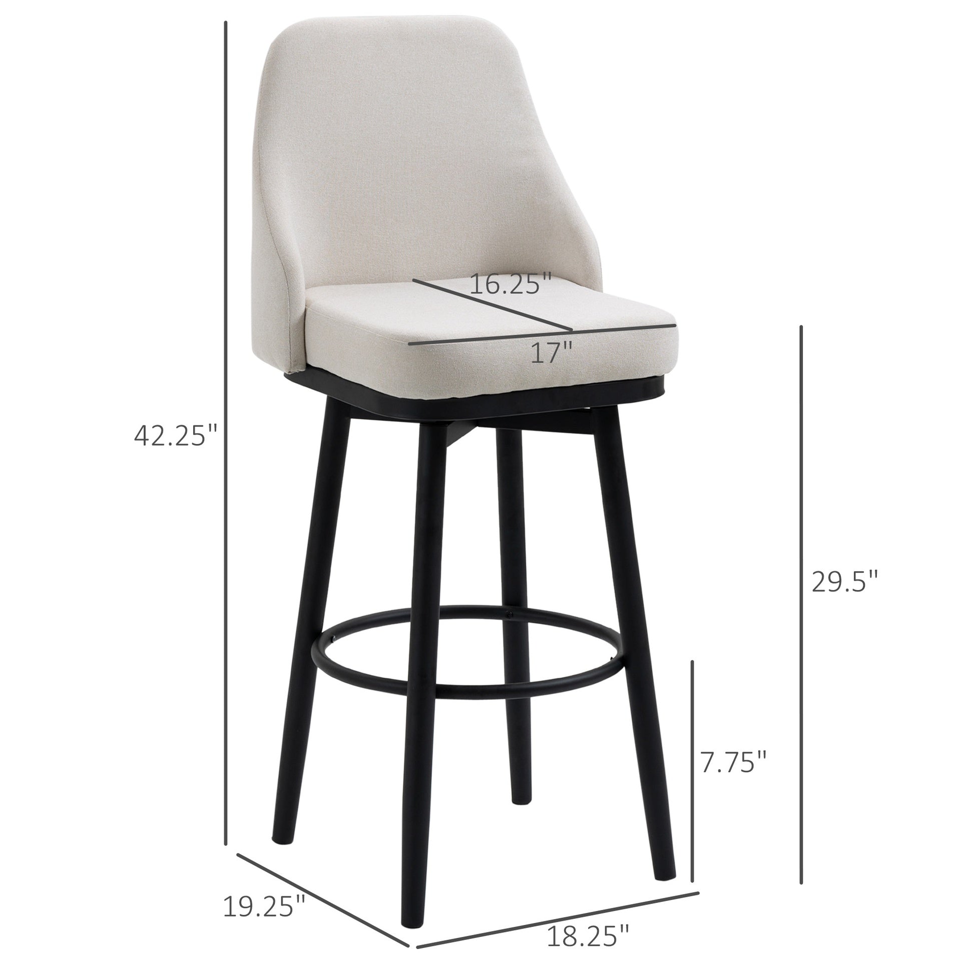 HOMCOM Bar Height Bar Stools Set of 2, Modern 360° Swivel Kitchen Chairs with Steel Legs and Footrest, 29.5 Inch Seat Height Upholstered Barstools for Kitchen Island, Cream White