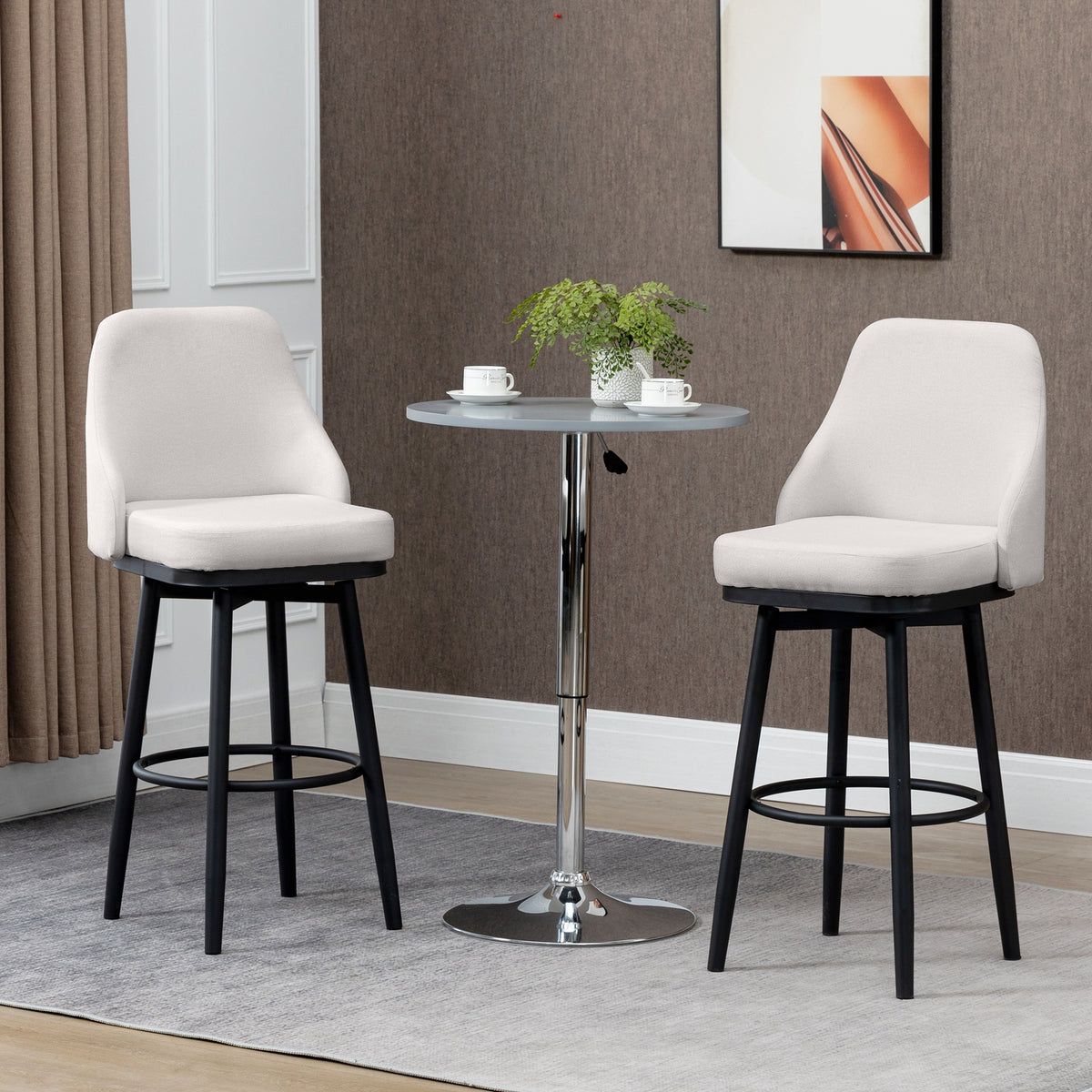 HOMCOM Bar Height Bar Stools Set of 2, Modern 360° Swivel Kitchen Chairs with Steel Legs and Footrest, 29.5 Inch Seat Height Upholstered Barstools for Kitchen Island, Cream White