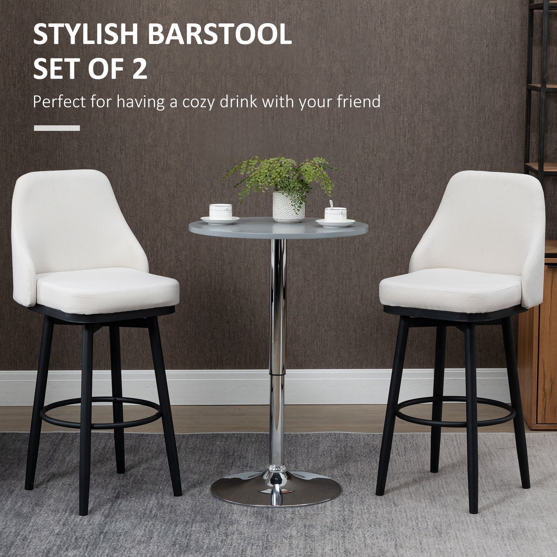 HOMCOM Bar Height Bar Stools Set of 2, Modern 360° Swivel Kitchen Chairs with Steel Legs and Footrest, 29.5 Inch Seat Height Upholstered Barstools for Kitchen Island, Cream White