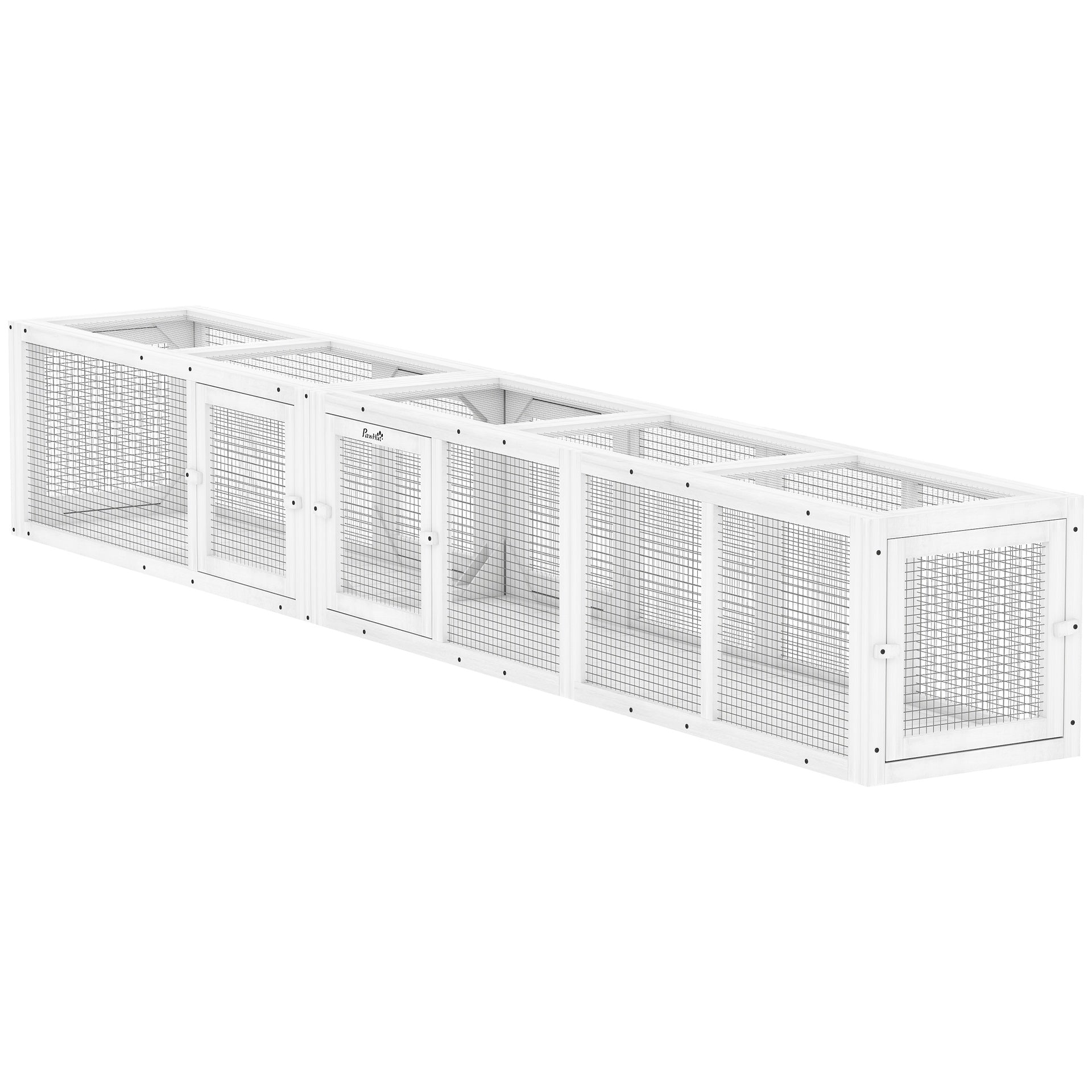 PawHut Wooden 98" Cat Tunnel for Outdoor with Combinable Design, 8 Doors, White