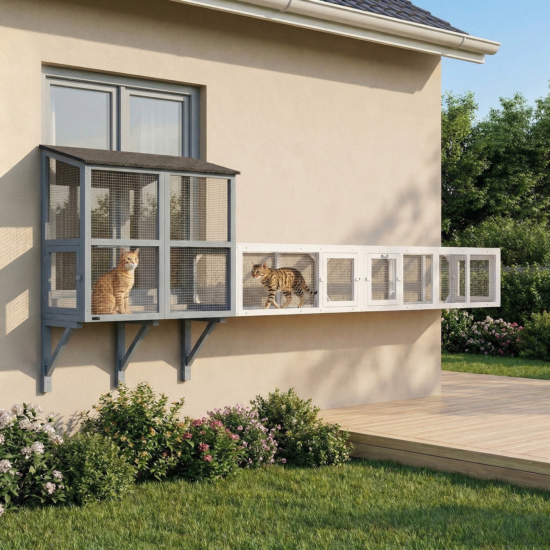 PawHut Wooden 98" Cat Tunnel for Outdoor with Combinable Design, 8 Doors, White