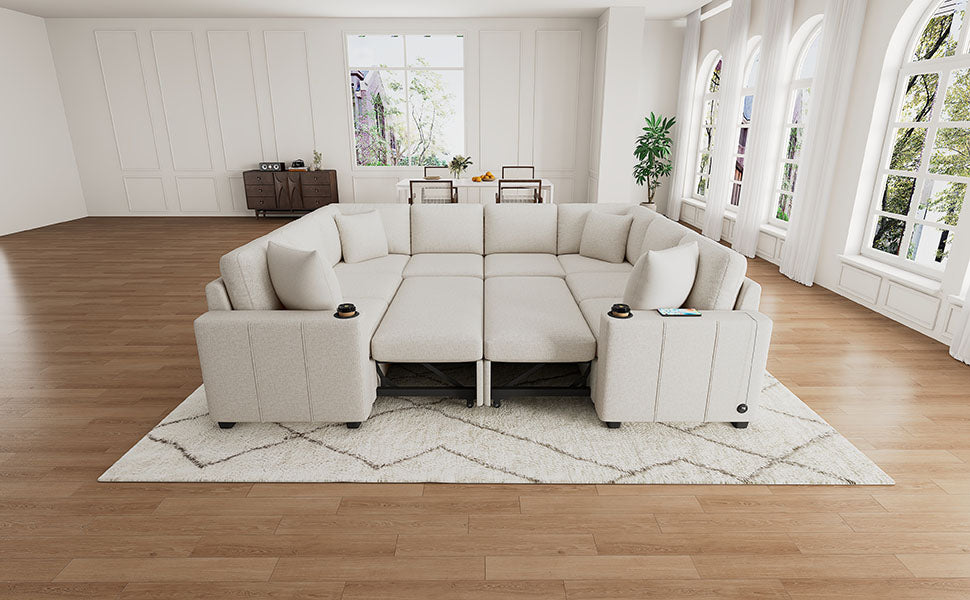 108.7" Sectional Sofa Convertible Pull-out Sofa Bed U-shaped Sofa for Living Room, Beige