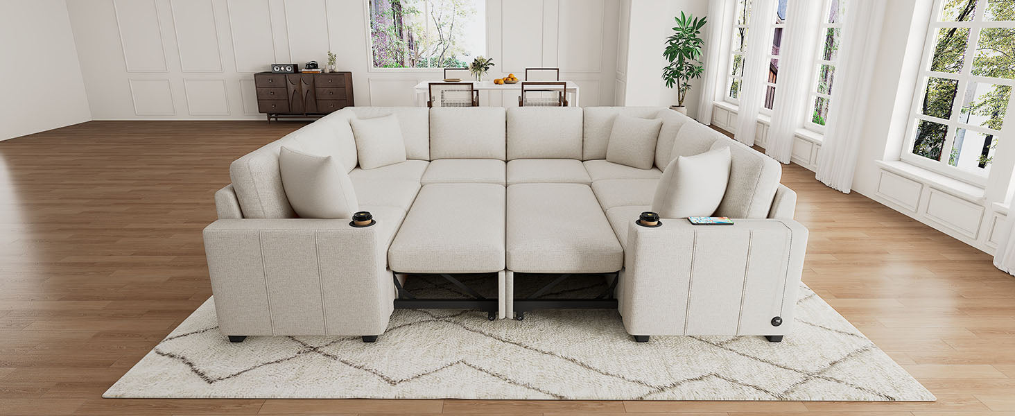 108.7" Sectional Sofa Convertible Pull-out Sofa Bed U-shaped Sofa for Living Room, Beige