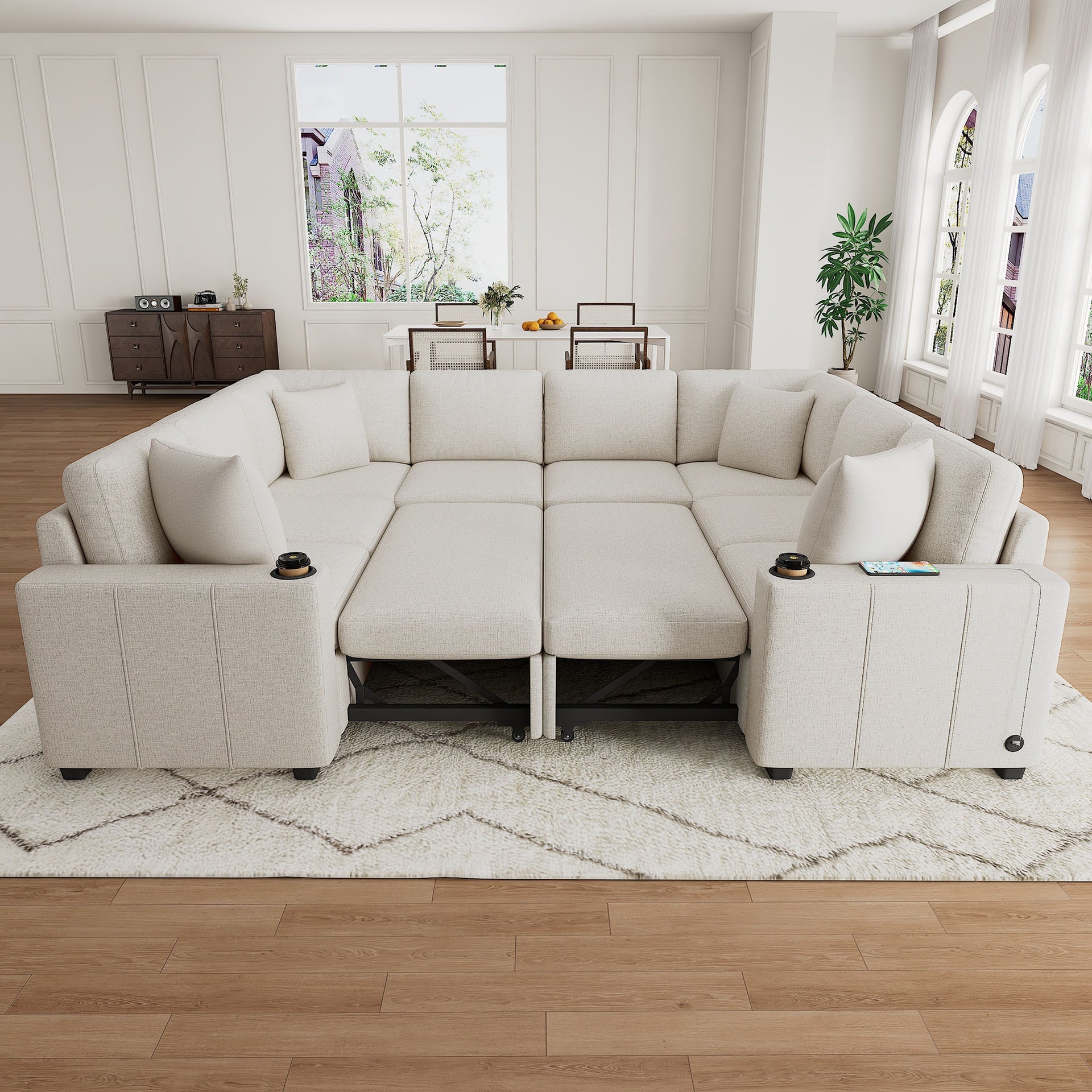 108.7" Sectional Sofa Convertible Pull-out Sofa Bed U-shaped Sofa for Living Room, Beige