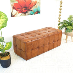 Benjiro Tan Leather Bench Ottoman Stool Leather Footstool Bench 17.7"H x 47.2"W x 19.7"D