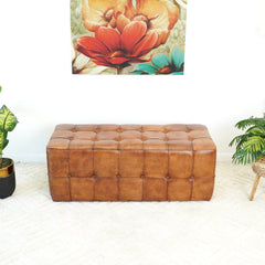 Benjiro Tan Leather Bench Ottoman Stool Leather Footstool Bench 17.7"H x 47.2"W x 19.7"D