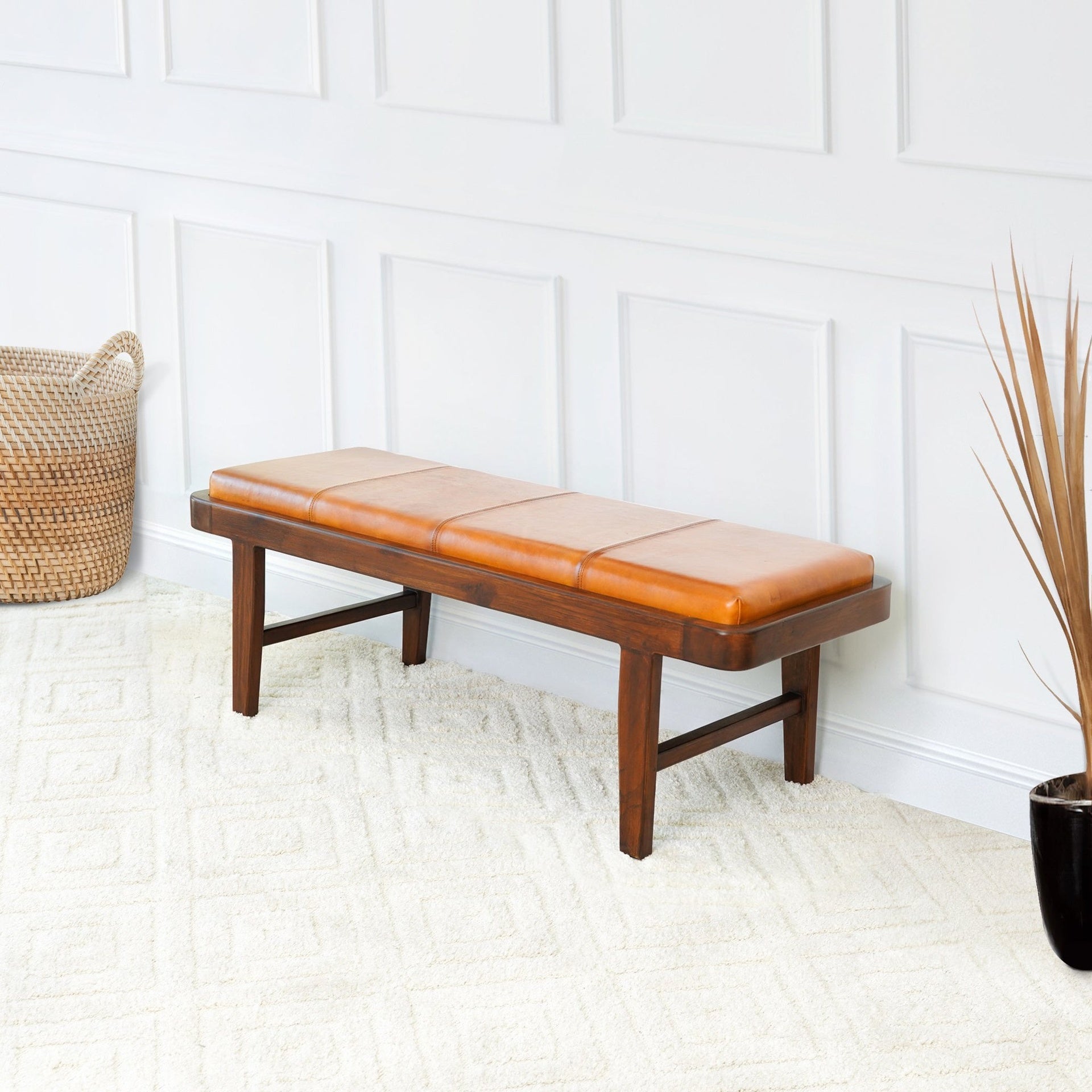 Maddox Mid-Century Modern Upholstered Bench Tan Leather Solid Wood 16.5"H x 47.2"W x 17.7"D for Living Room & Bedroom