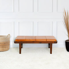 Maddox Mid-Century Modern Upholstered Bench Tan Leather Solid Wood 16.5"H x 47.2"W x 17.7"D for Living Room & Bedroom