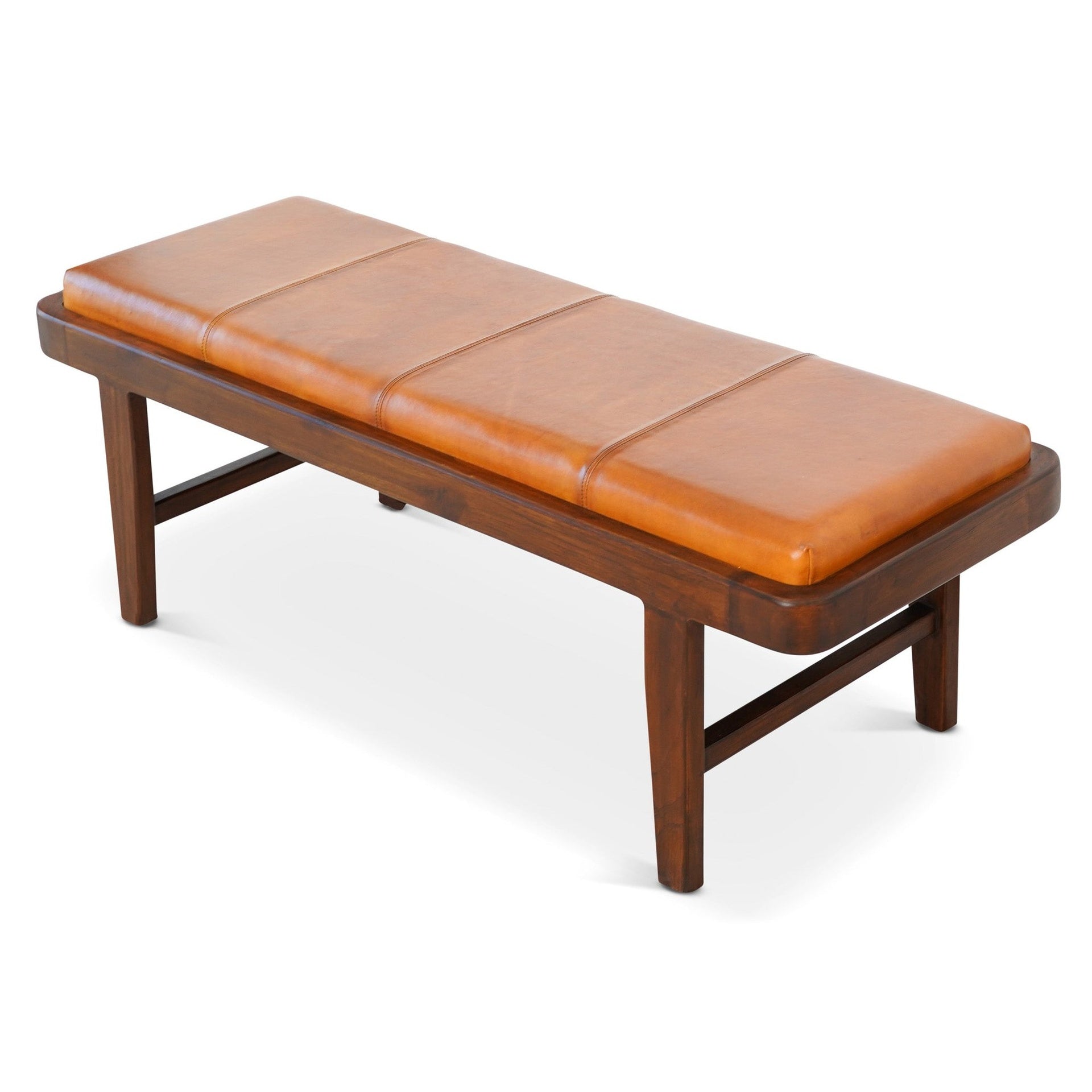 Maddox Mid-Century Modern Upholstered Bench Tan Leather Solid Wood 16.5"H x 47.2"W x 17.7"D for Living Room & Bedroom