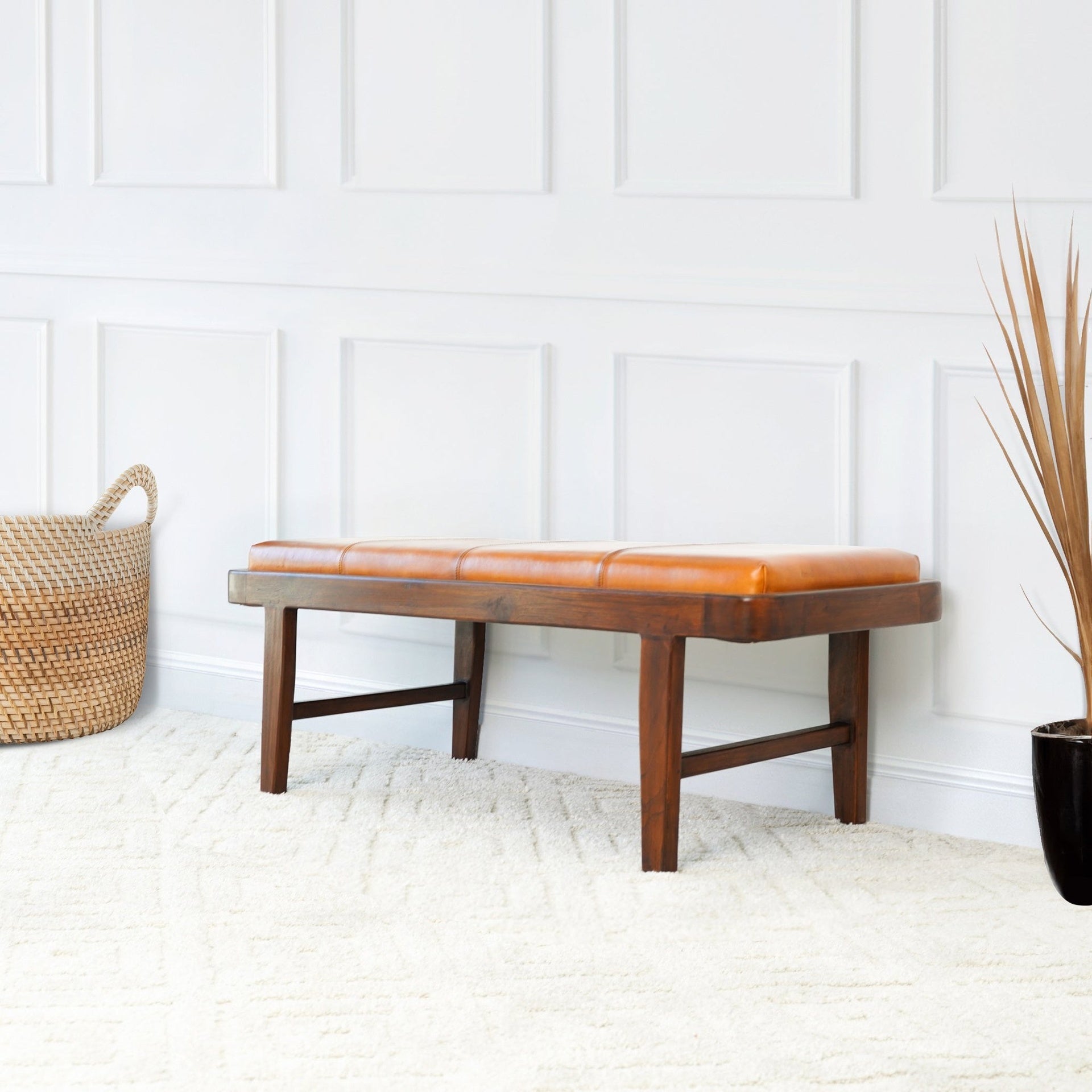 Maddox Mid-Century Modern Upholstered Bench Tan Leather Solid Wood 16.5"H x 47.2"W x 17.7"D for Living Room & Bedroom