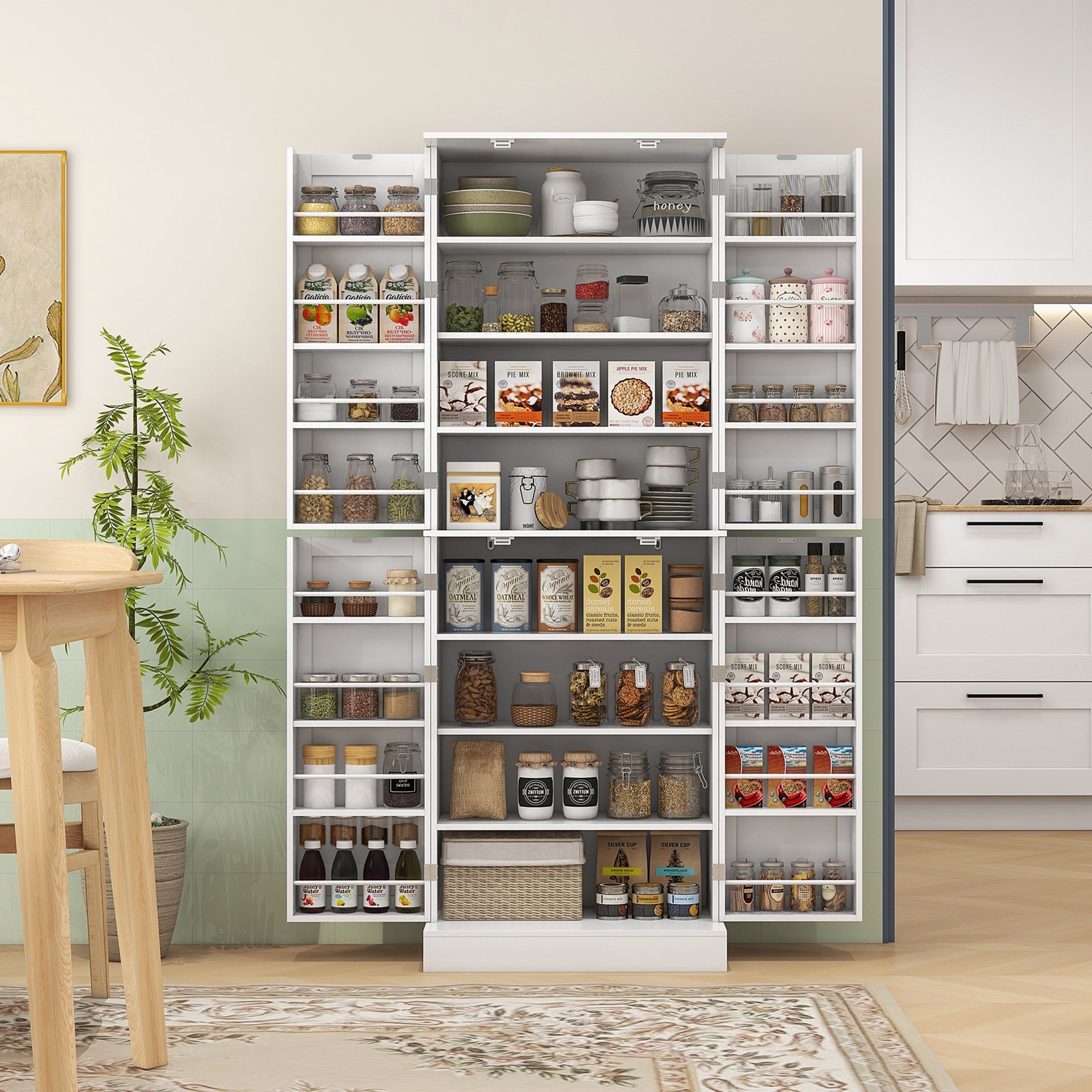 HOMCOM 65" Kitchen Cabinet, Kitchen Pantry Cabinet with 4 Doors and 16 Door Shelves for Dining Room, White
