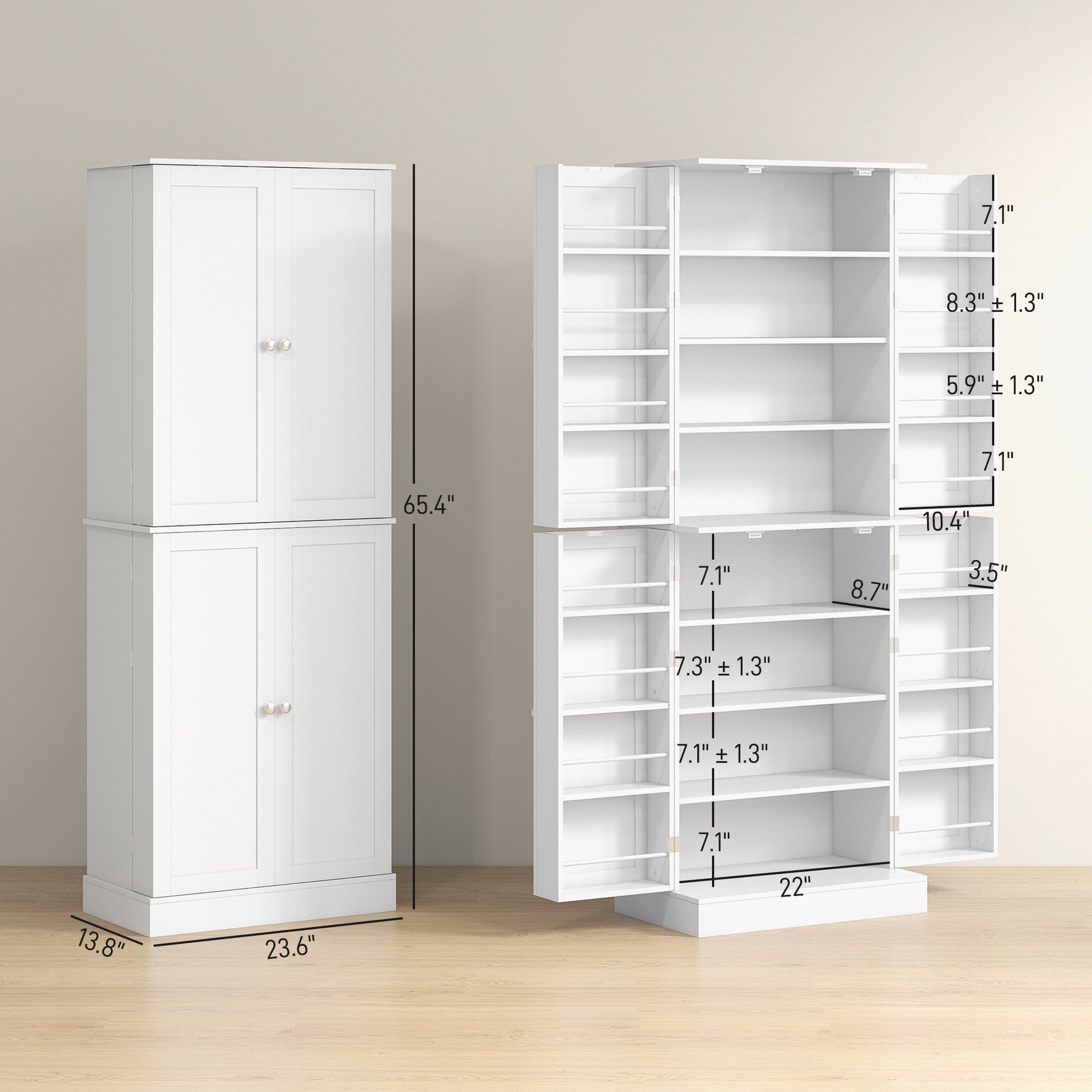 HOMCOM 65" Kitchen Cabinet, Kitchen Pantry Cabinet with 4 Doors and 16 Door Shelves for Dining Room, White