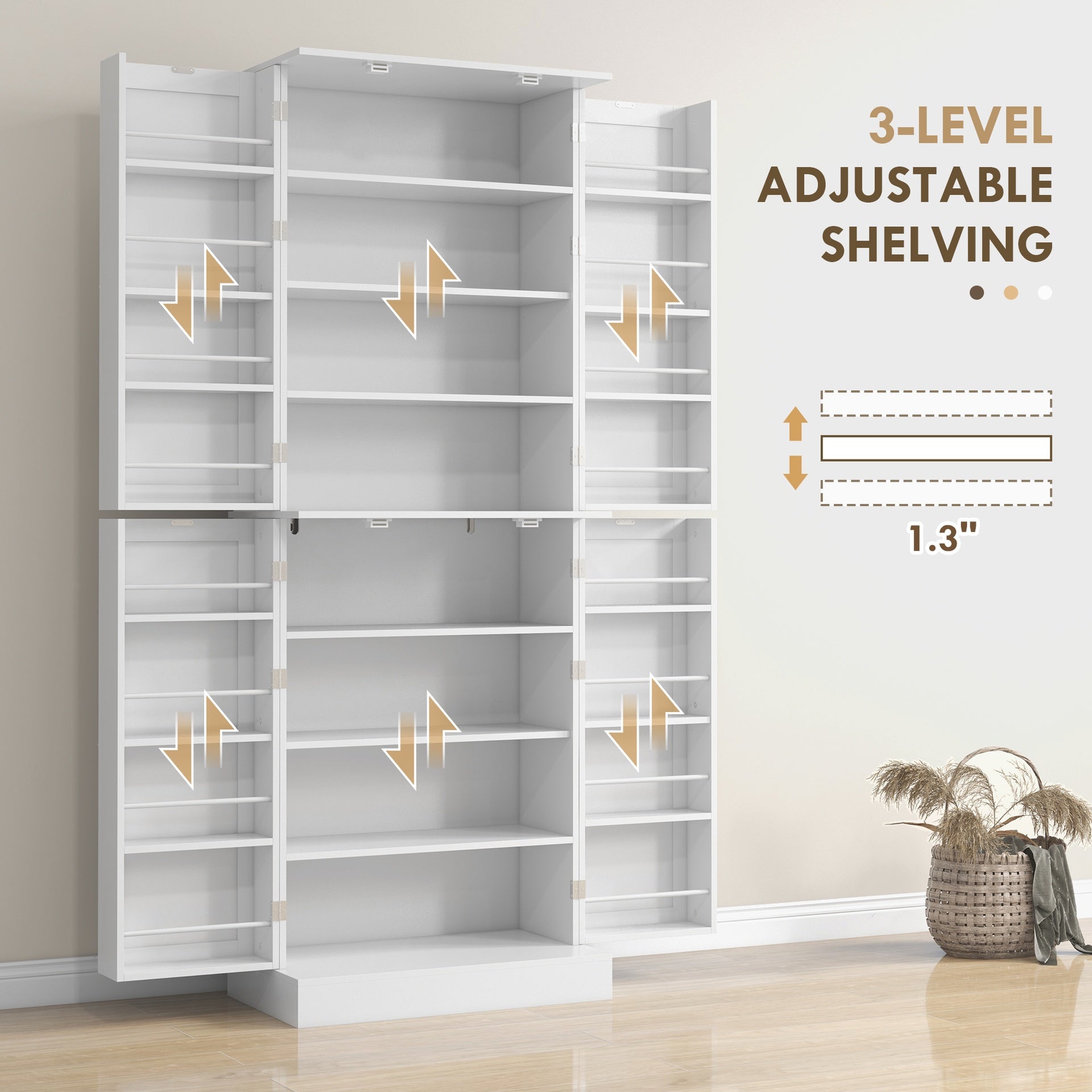 HOMCOM 65" Kitchen Cabinet, Kitchen Pantry Cabinet with 4 Doors and 16 Door Shelves for Dining Room, White