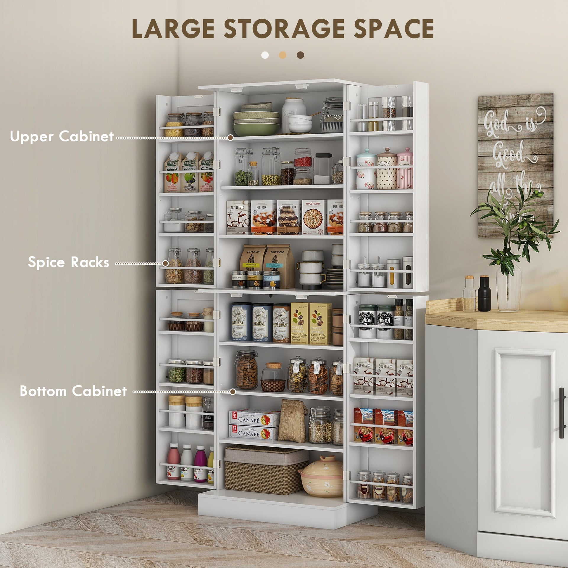 HOMCOM 65" Kitchen Cabinet, Kitchen Pantry Cabinet with 4 Doors and 16 Door Shelves for Dining Room, White