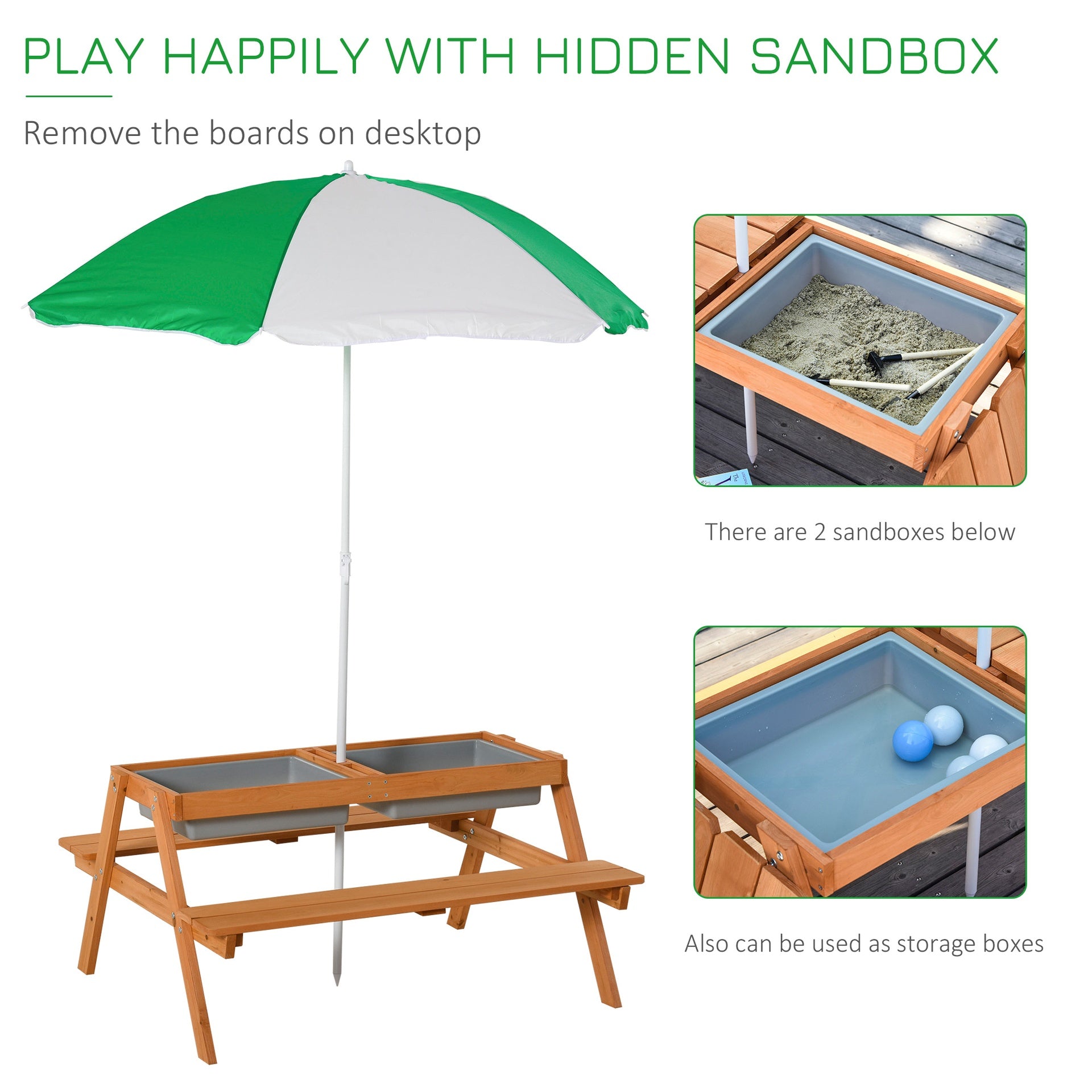 Outsunny Kids 3 in 1 Sand and Water Table, Wooden Outdoor Convertible Picnic Table with Umbrella and Storage Inside, Bench Backyard Furniture for Garden, Patio, or Balcony