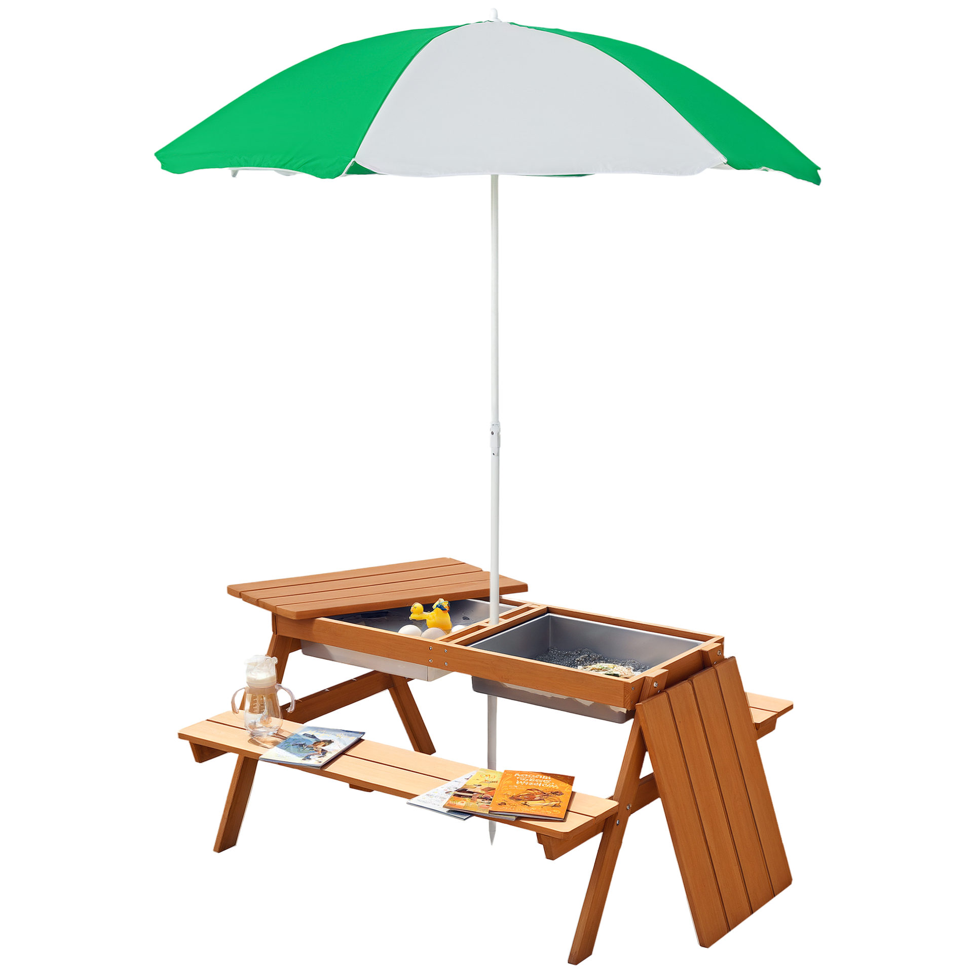 Outsunny Kids 3 in 1 Sand and Water Table, Wooden Outdoor Convertible Picnic Table with Umbrella and Storage Inside, Bench Backyard Furniture for Garden, Patio, or Balcony