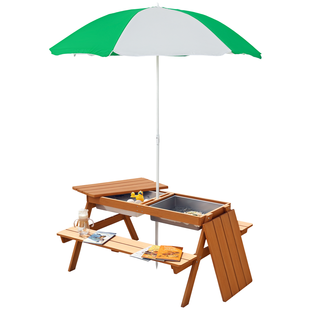 Outsunny Kids 3 in 1 Sand and Water Table, Wooden Outdoor Convertible Picnic Table with Umbrella and Storage Inside, Bench Backyard Furniture for Garden, Patio, or Balcony