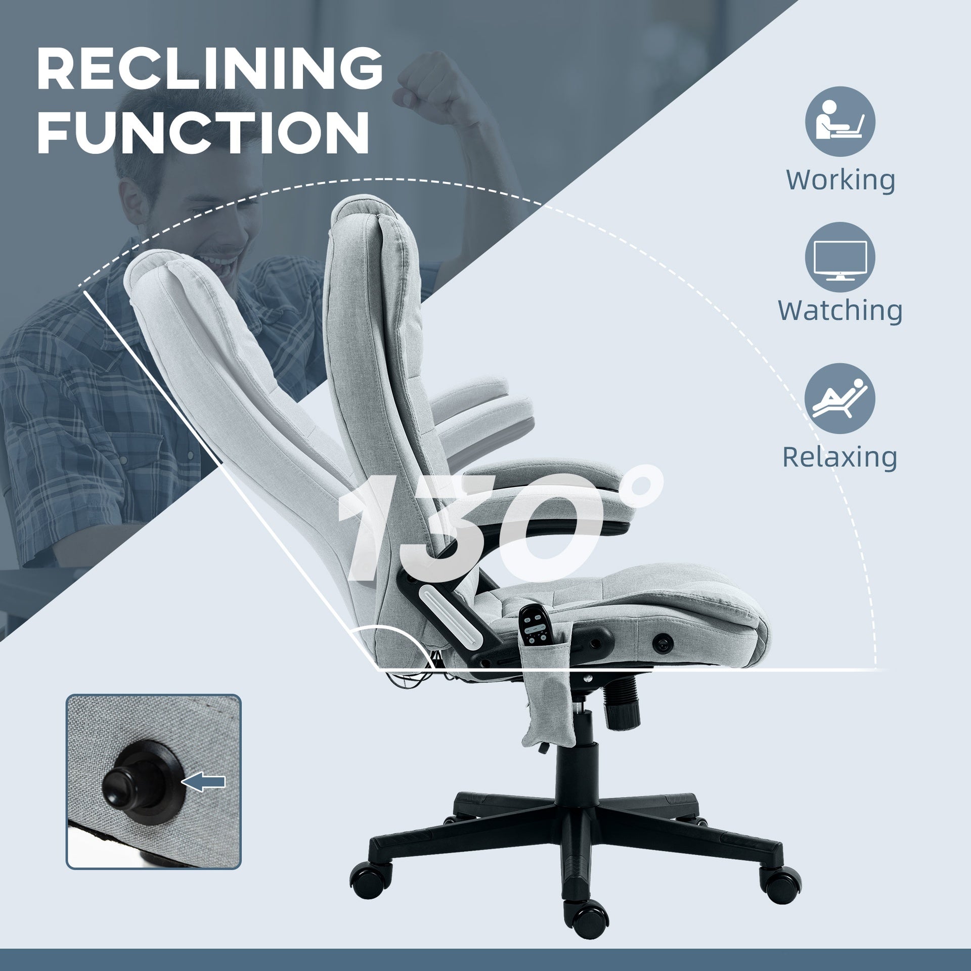 Vinsetto 6 Point Vibrating Massage Office Chair with Heat, Linen High Back Massage Desk Chair with Reclining Backrest, Light Gray