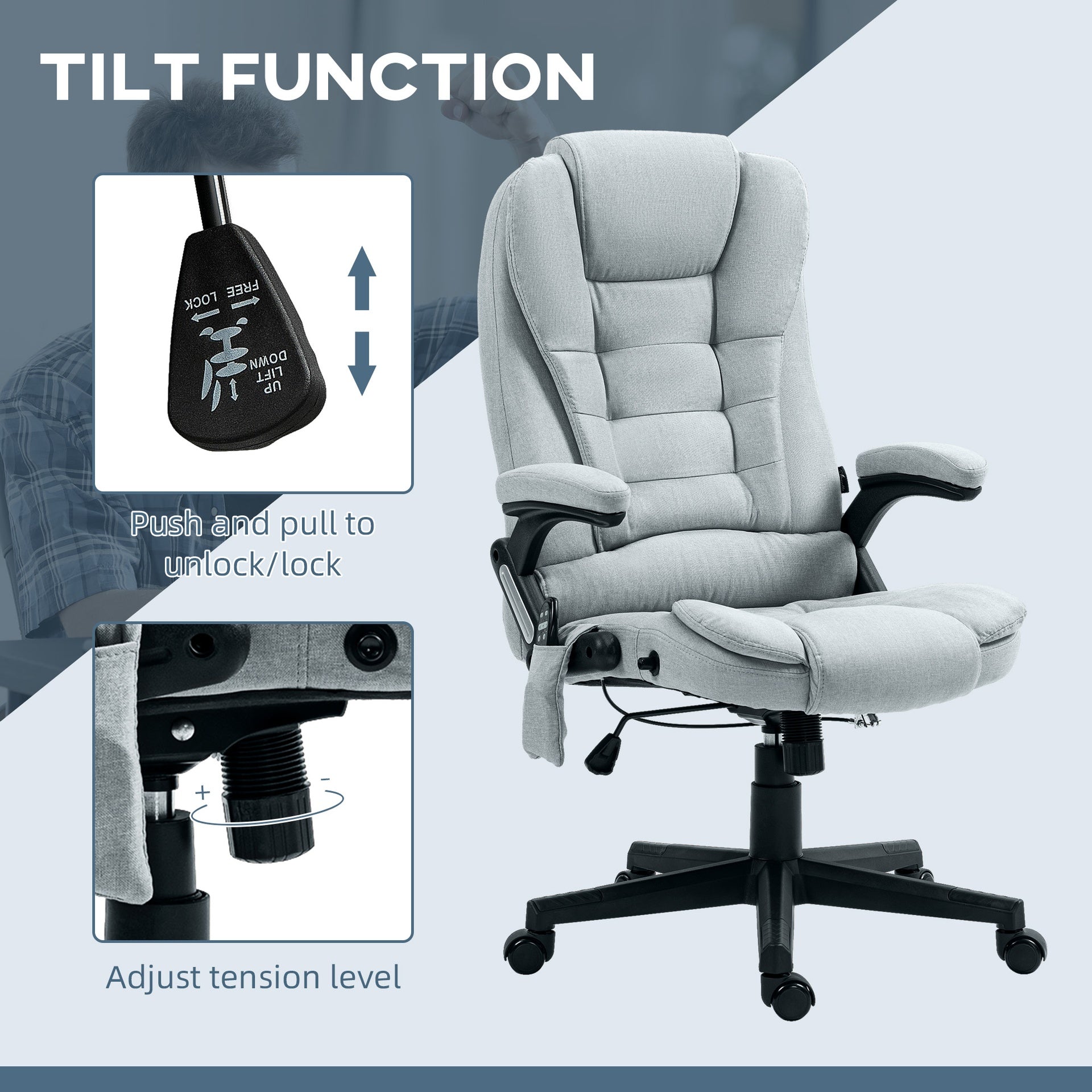 Vinsetto 6 Point Vibrating Massage Office Chair with Heat, Linen High Back Massage Desk Chair with Reclining Backrest, Light Gray