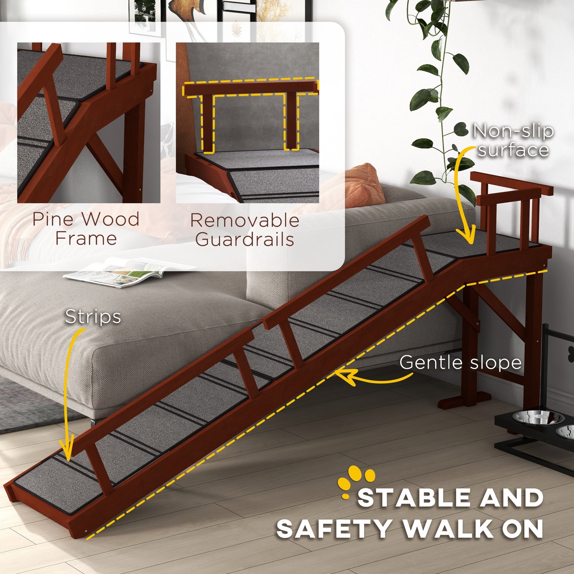 PawHut Wooden Dog Ramp with Removable Guardrails, Non-Slip Surface, 73" Long, Brown