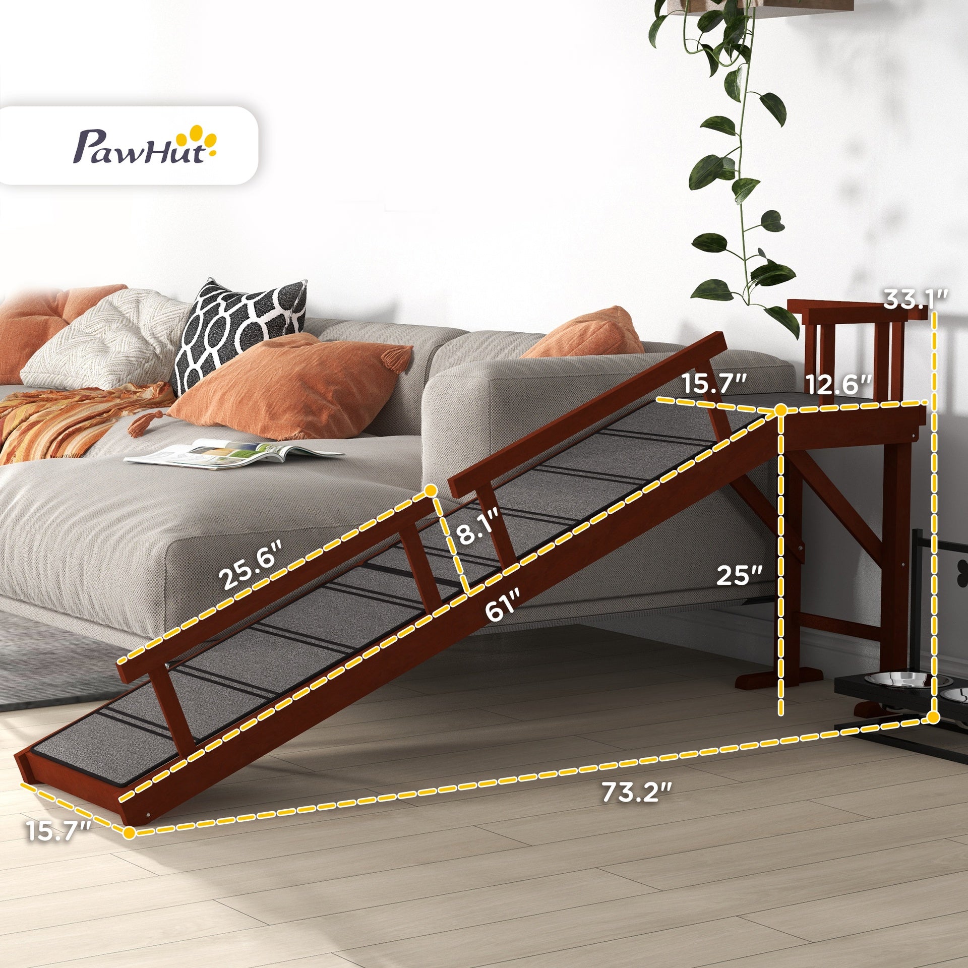 PawHut Wooden Dog Ramp with Removable Guardrails, Non-Slip Surface, 73" Long, Brown