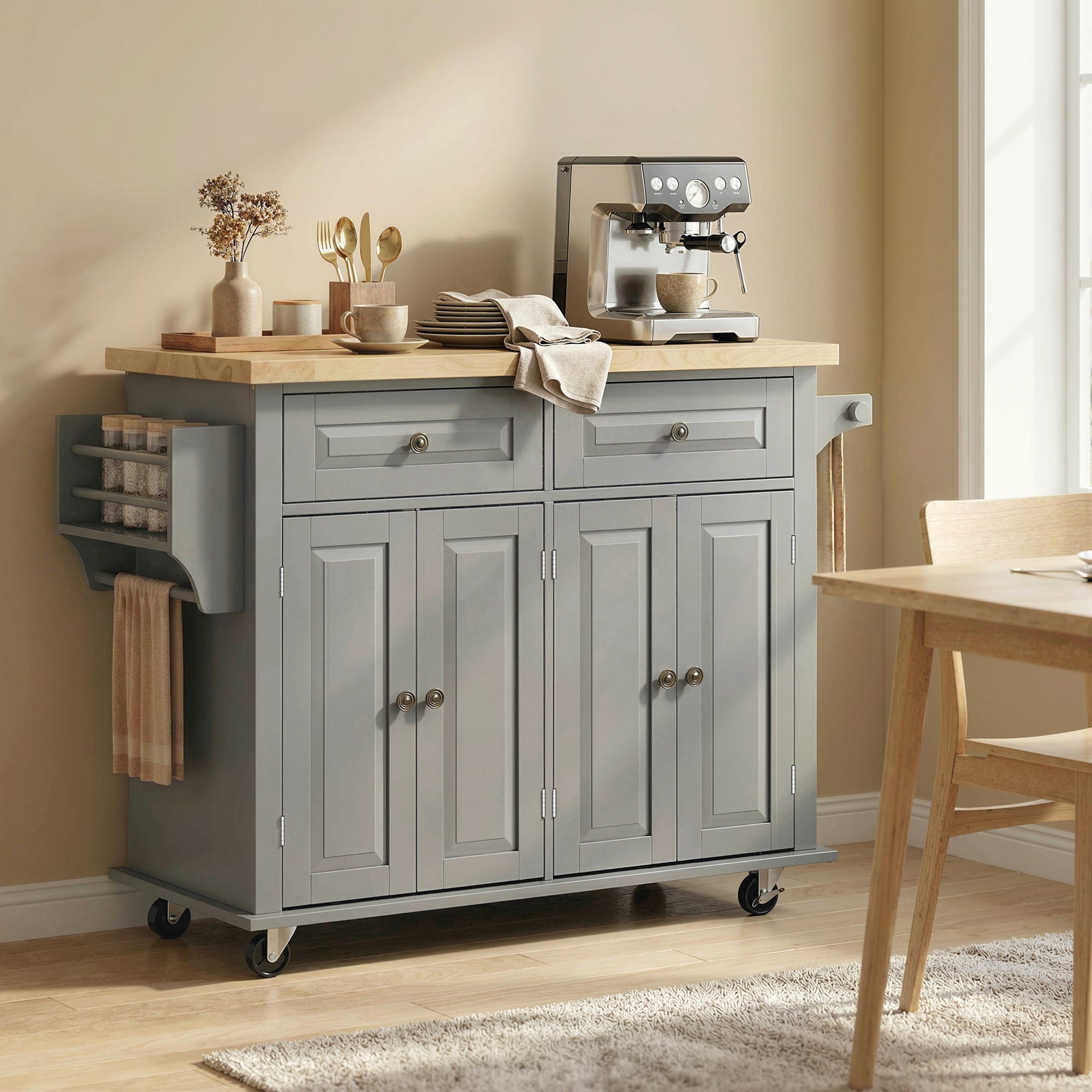 HOMCOM 44" Mobile Kitchen Island Table, Kitchen Island Cart on Wheels with Storage Cabinets, 2 Drawers, Gray