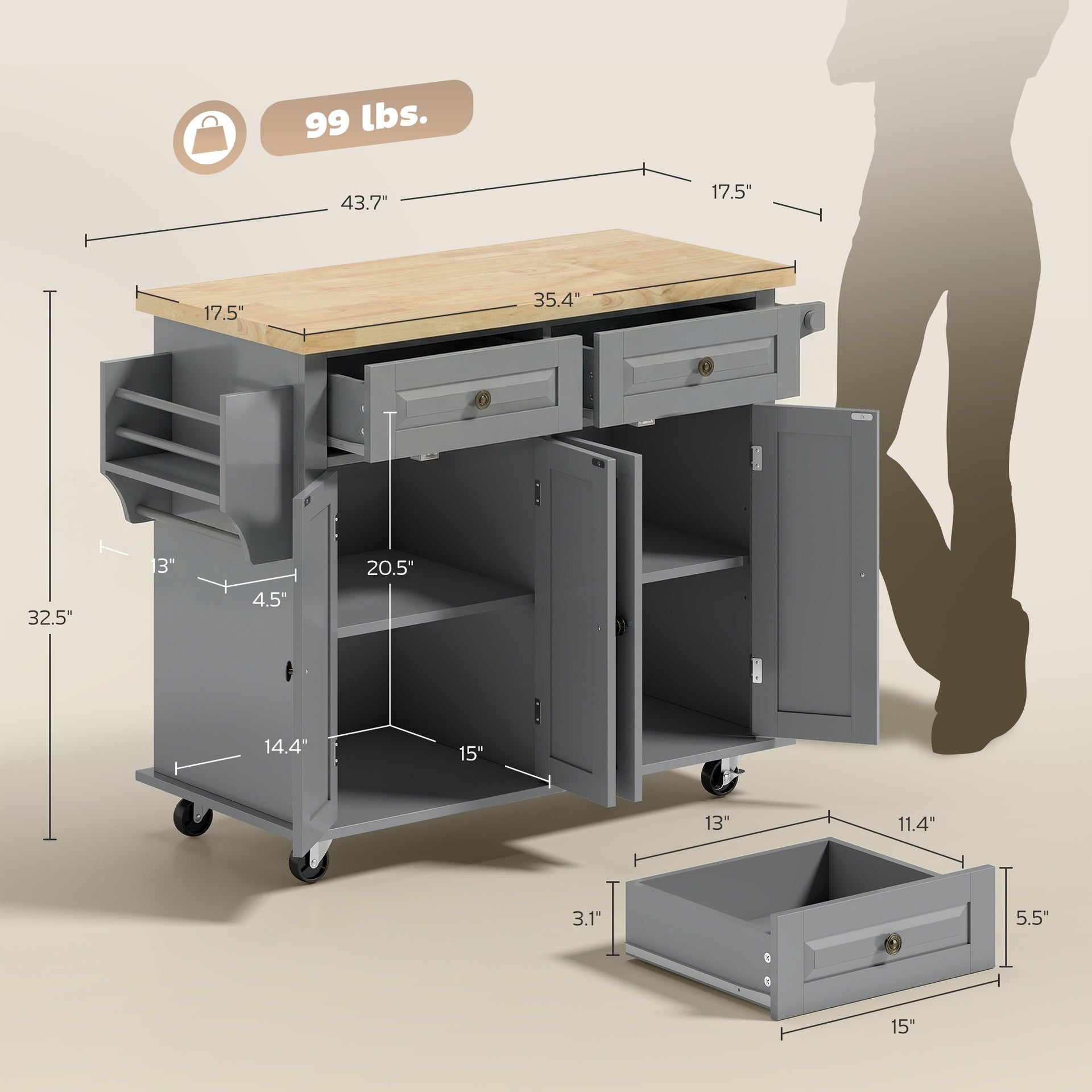 HOMCOM 44" Mobile Kitchen Island Table, Kitchen Island Cart on Wheels with Storage Cabinets, 2 Drawers, Gray