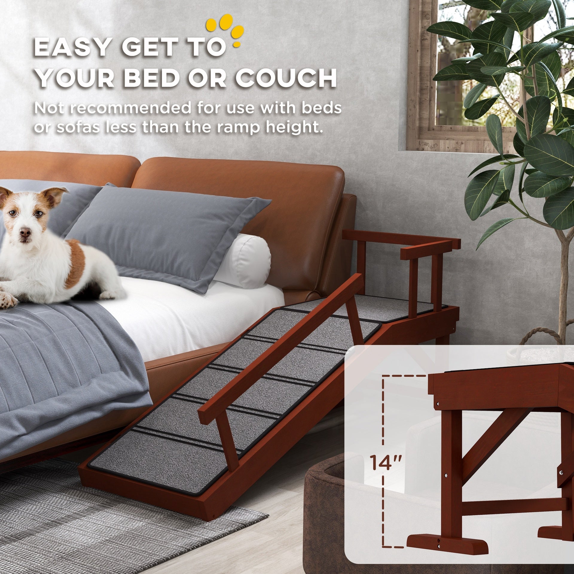 PawHut Wooden Dog Ramp with Removable Guardrails, Non-Slip Surface, 49" Long, Brown