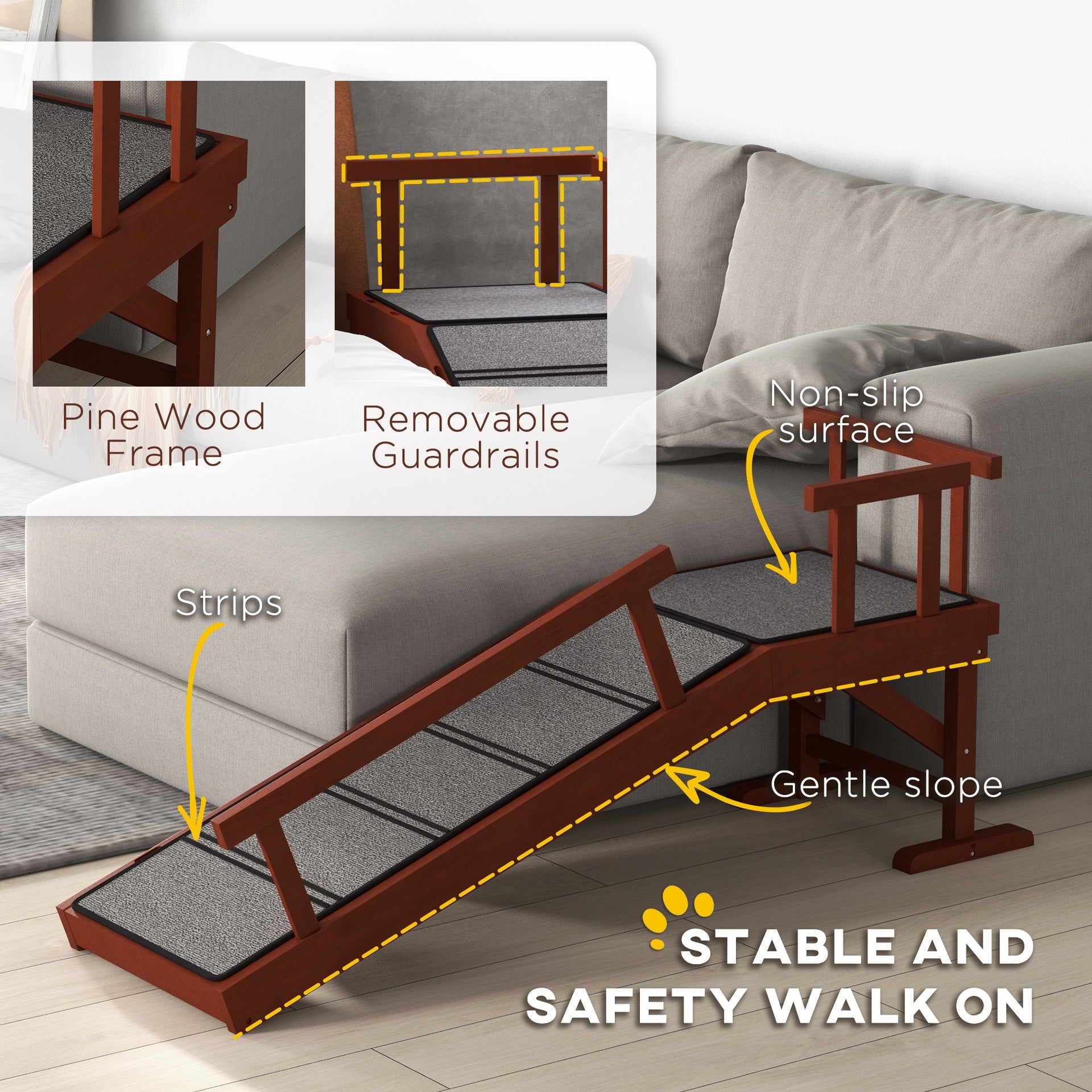 PawHut Wooden Dog Ramp with Removable Guardrails, Non-Slip Surface, 49" Long, Brown