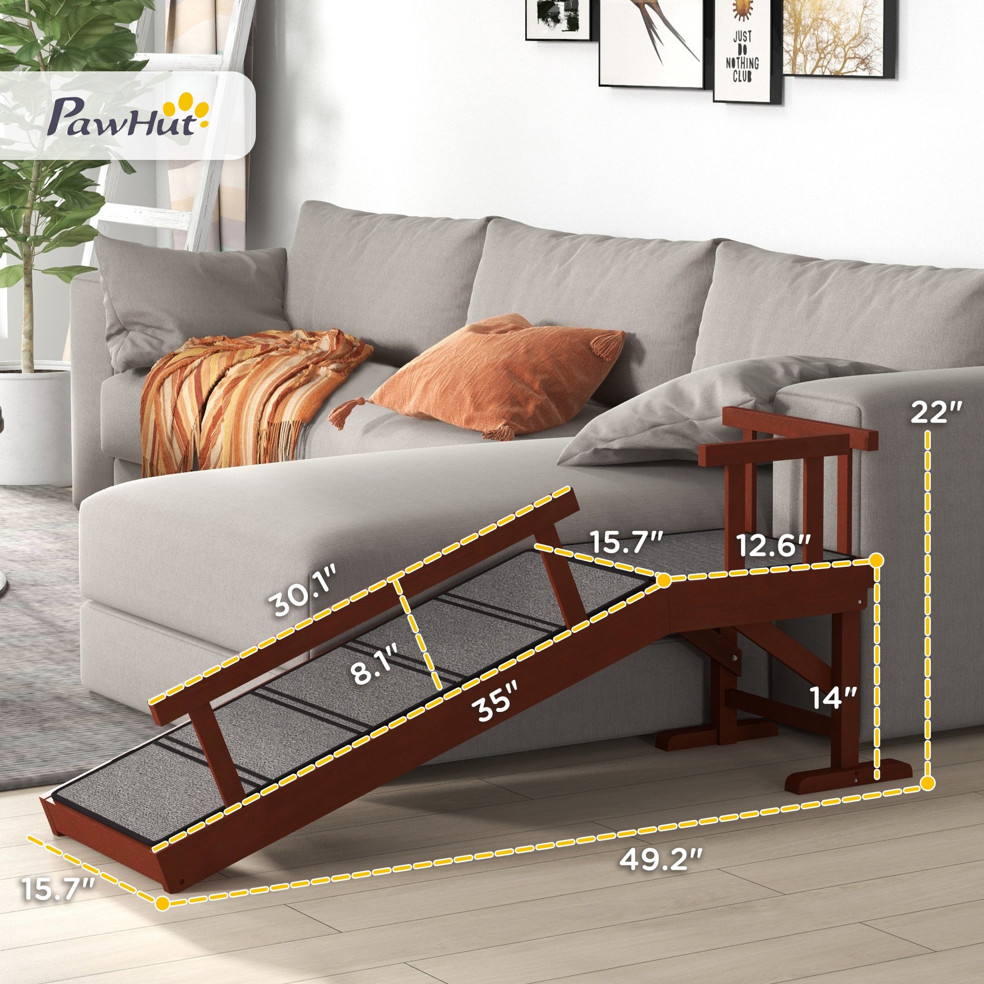 PawHut Wooden Dog Ramp with Removable Guardrails, Non-Slip Surface, 49" Long, Brown