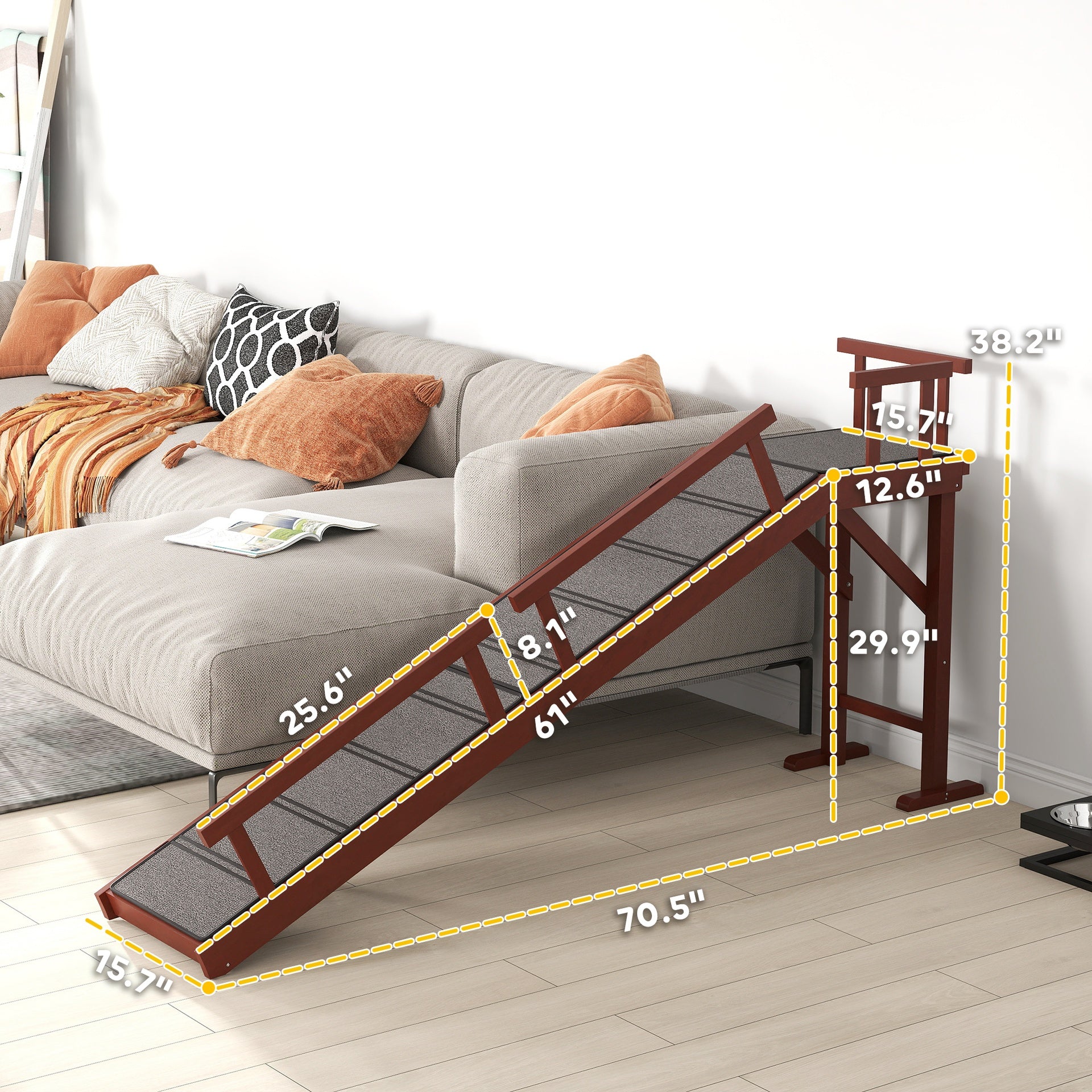 PawHut Wooden Dog Ramp with Removable Guardrails, Non-Slip Surface, 70.5" Long, Brown