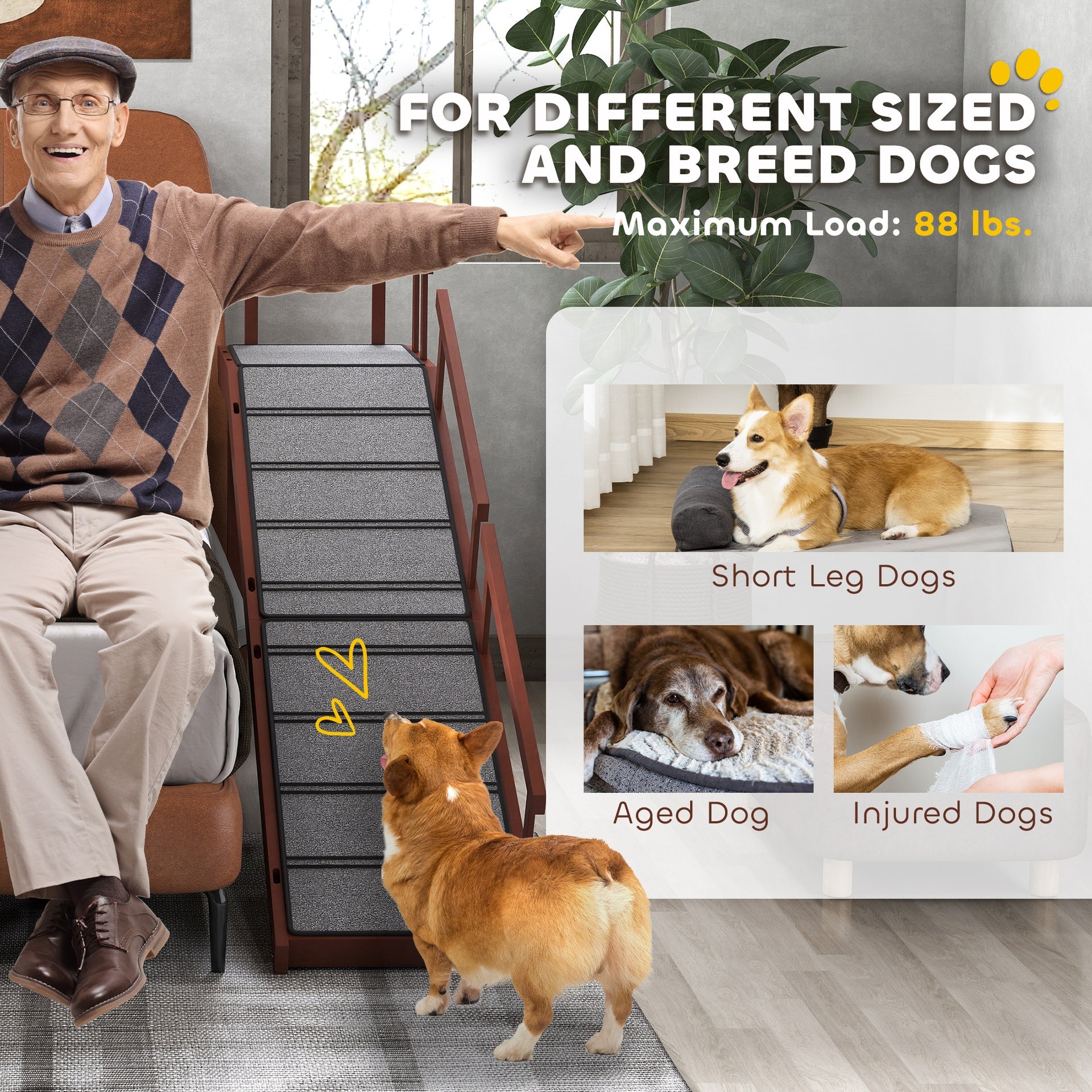 PawHut Wooden Dog Ramp with Removable Guardrails, Non-Slip Surface, 70.5" Long, Brown