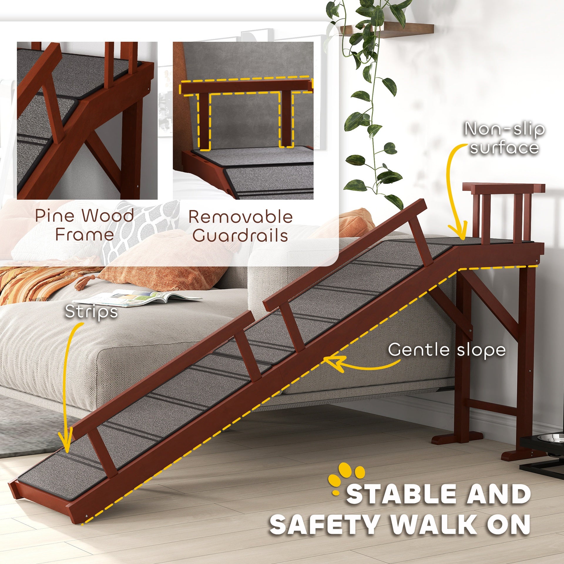 PawHut Wooden Dog Ramp with Removable Guardrails, Non-Slip Surface, 70.5" Long, Brown