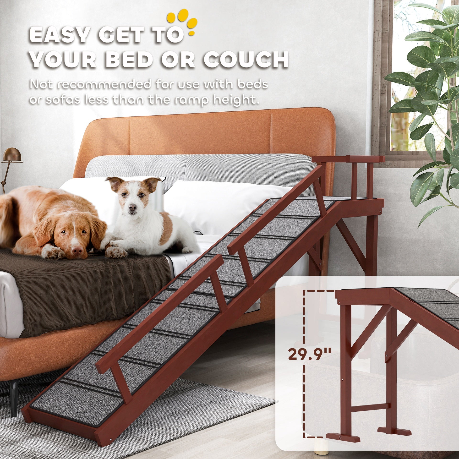 PawHut Wooden Dog Ramp with Removable Guardrails, Non-Slip Surface, 70.5" Long, Brown