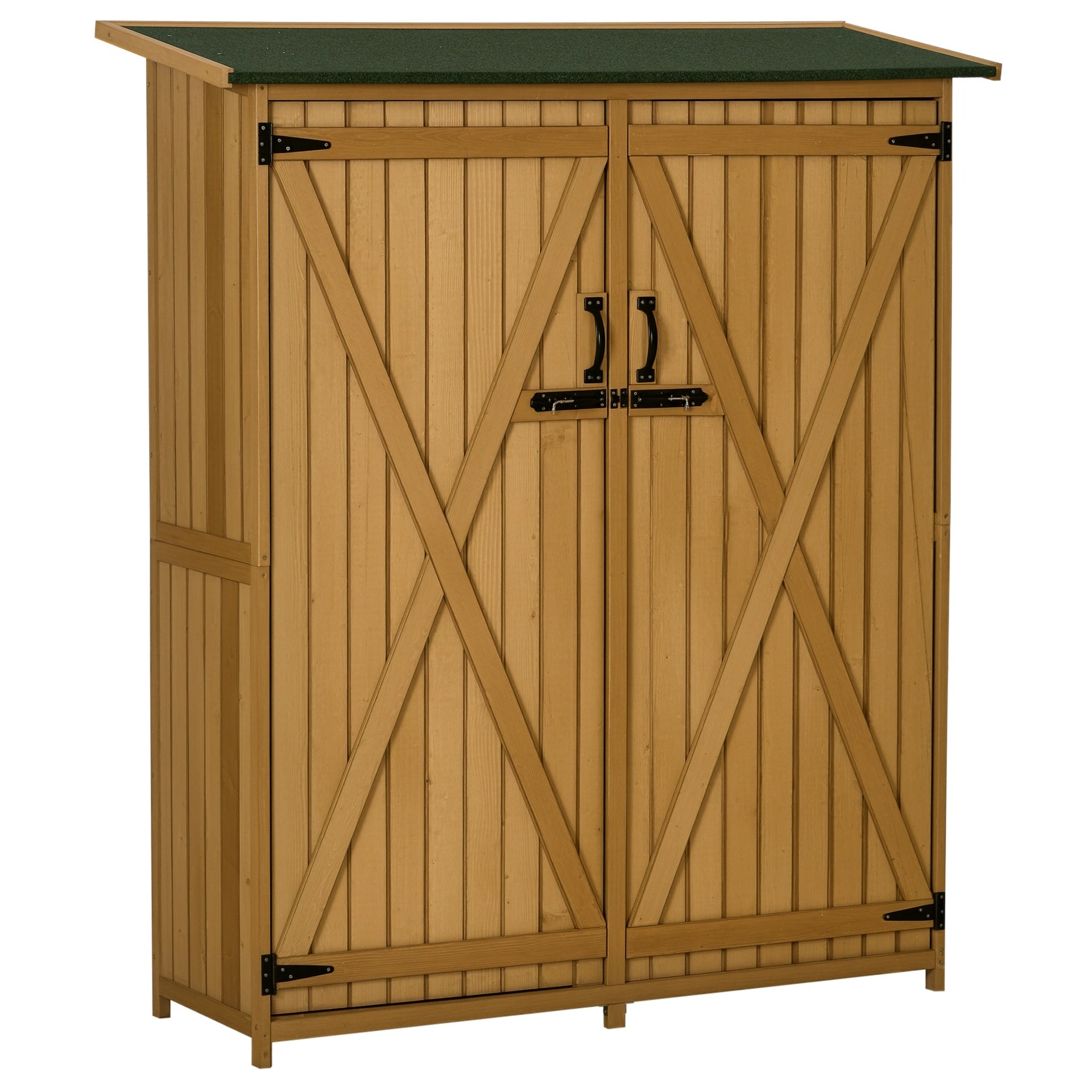 Outsunny Outdoor Storage Cabinet Wooden Garden Shed Utility Tool Organizer with Waterproof Asphalt Rood, Lockable Doors, 3 Tier Shelves for Lawn, Backyard, Natural