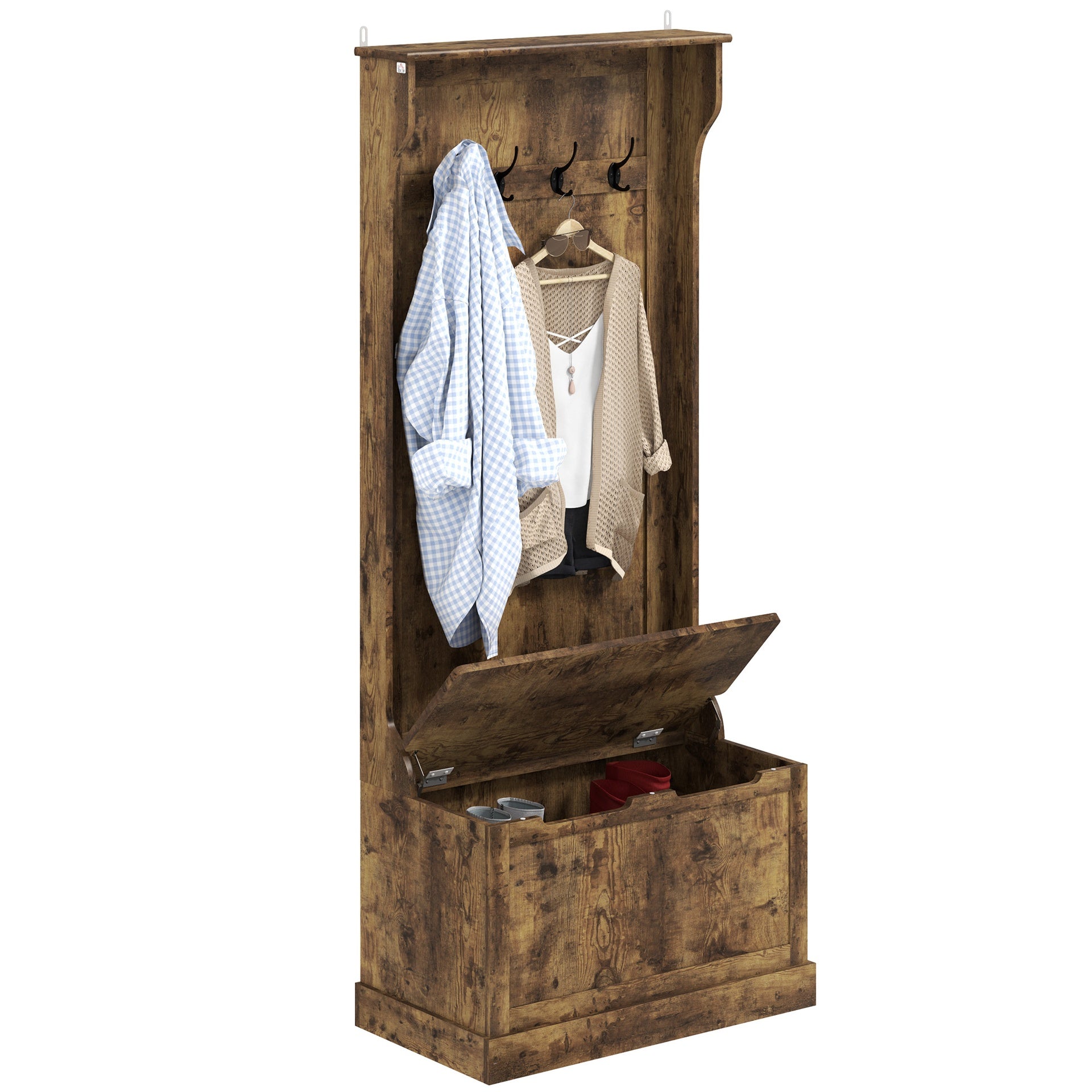 HOMCOM Hall Tree with Coat Rack, Storage, and Sitting Bench, Rustic Brown