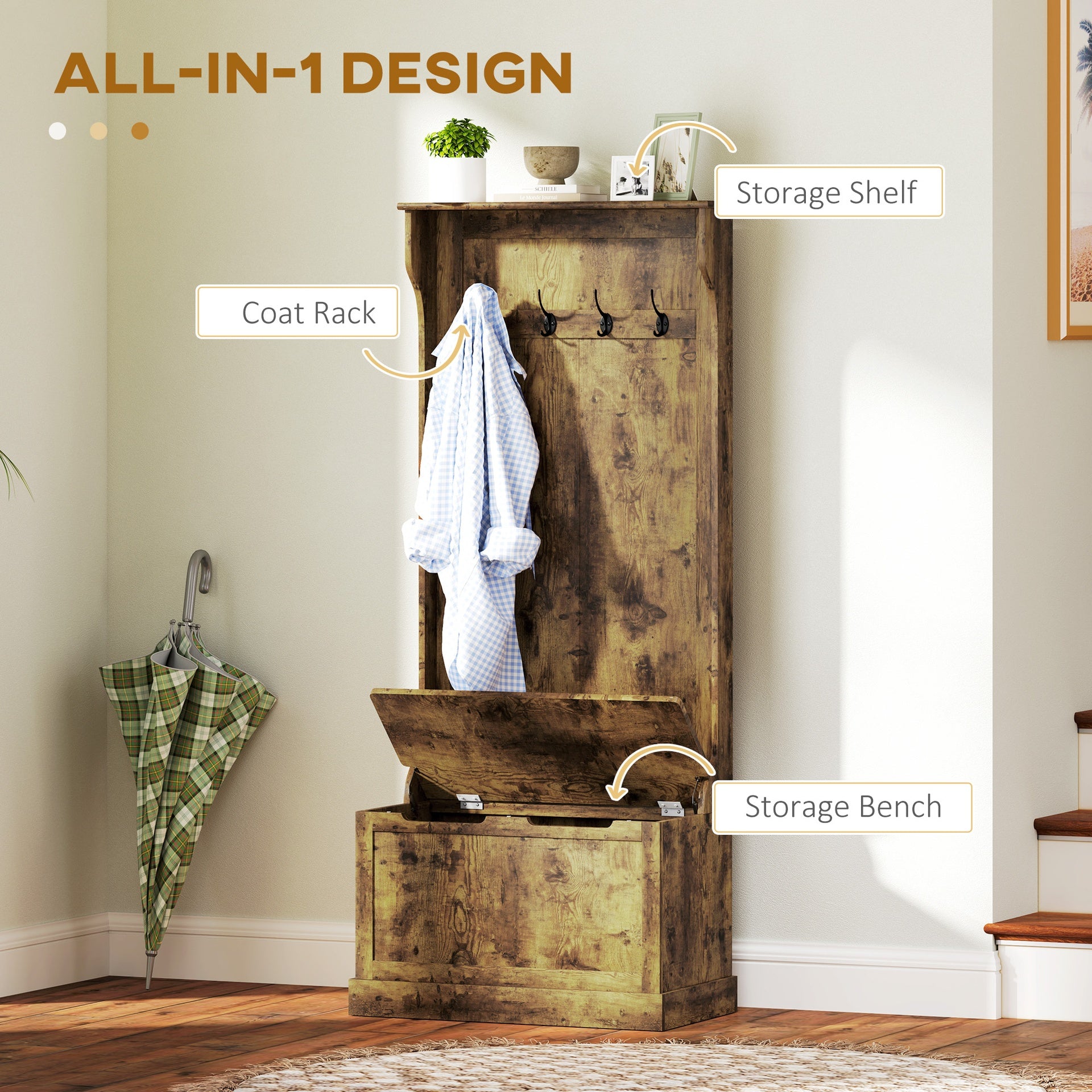 HOMCOM Hall Tree with Coat Rack, Storage, and Sitting Bench, Rustic Brown