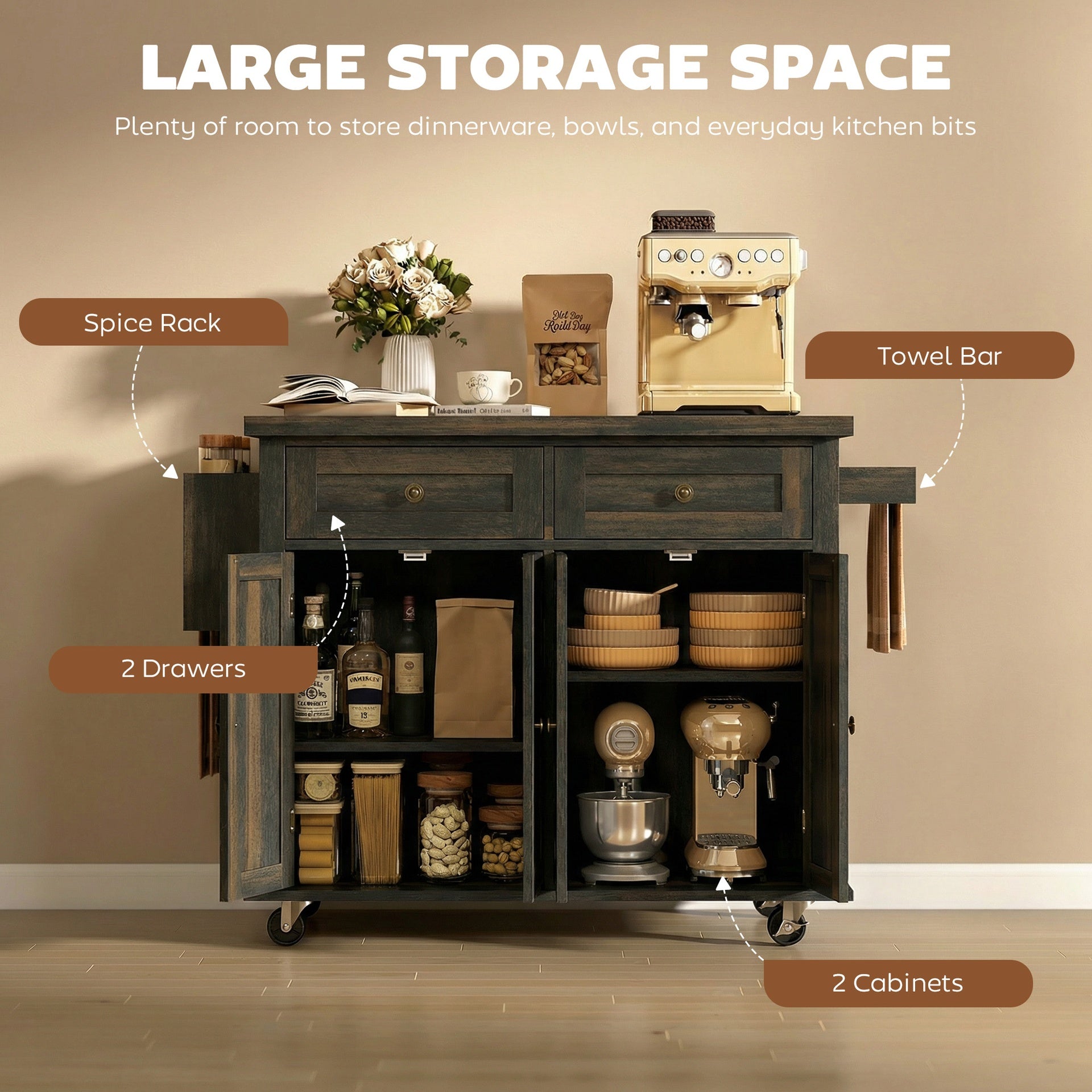 HOMCOM 44" Mobile Kitchen Island Table, Kitchen Island Cart on Wheels with Storage Cabinets, 2 Drawers, Brown
